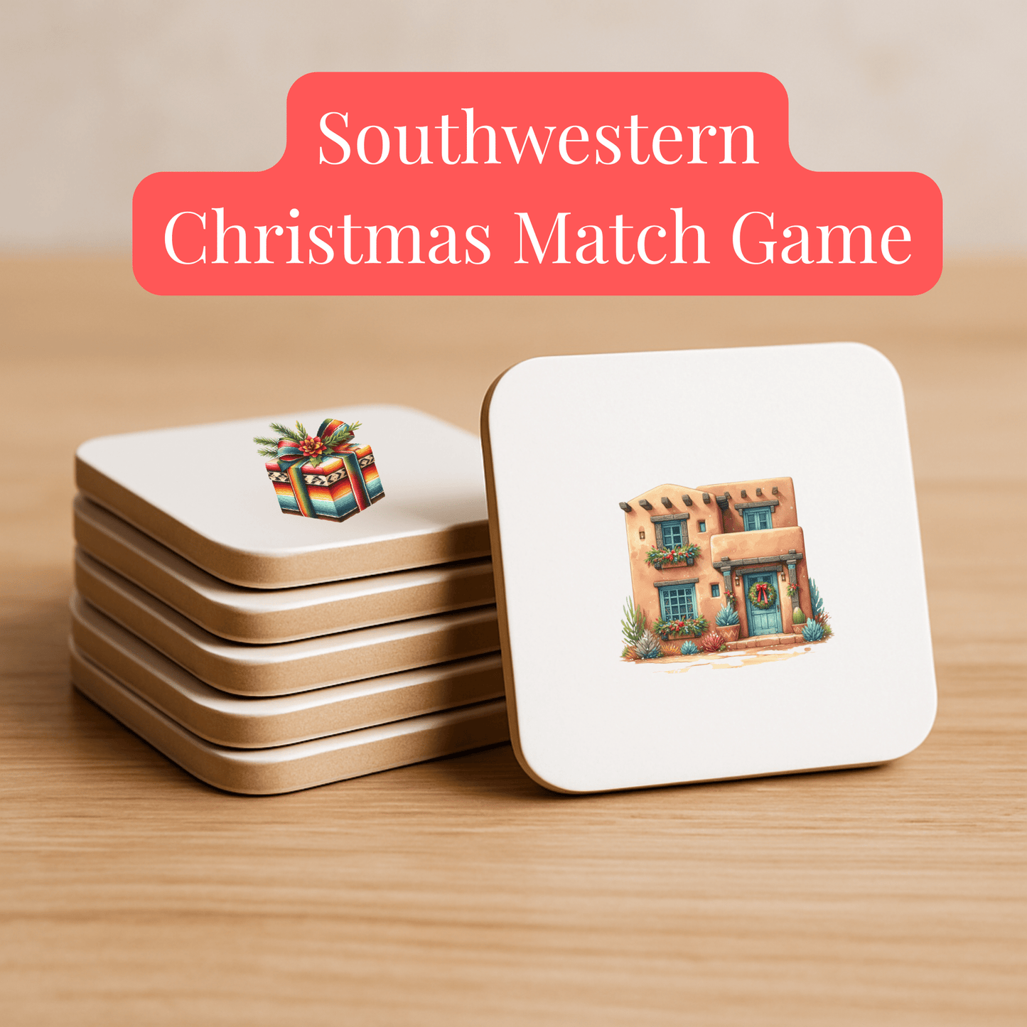 A stack of square cards on a wooden table features a Christmas gift and adobe house. Text above reads "Southwestern Christmas Match Game | 60-Tile Holiday Memory Set by Mirabilia Boutique," a unique desert holiday game.