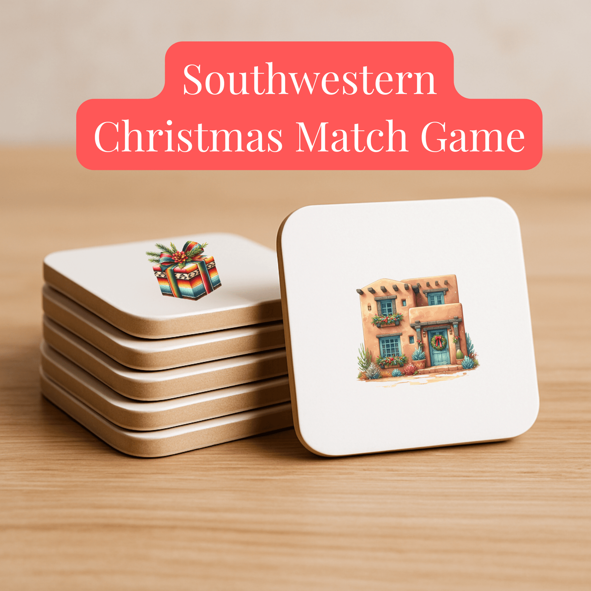 A stack of square cards on a wooden table features a Christmas gift and adobe house. Text above reads "Southwestern Christmas Match Game | 60-Tile Holiday Memory Set by Mirabilia Boutique," a unique desert holiday game.