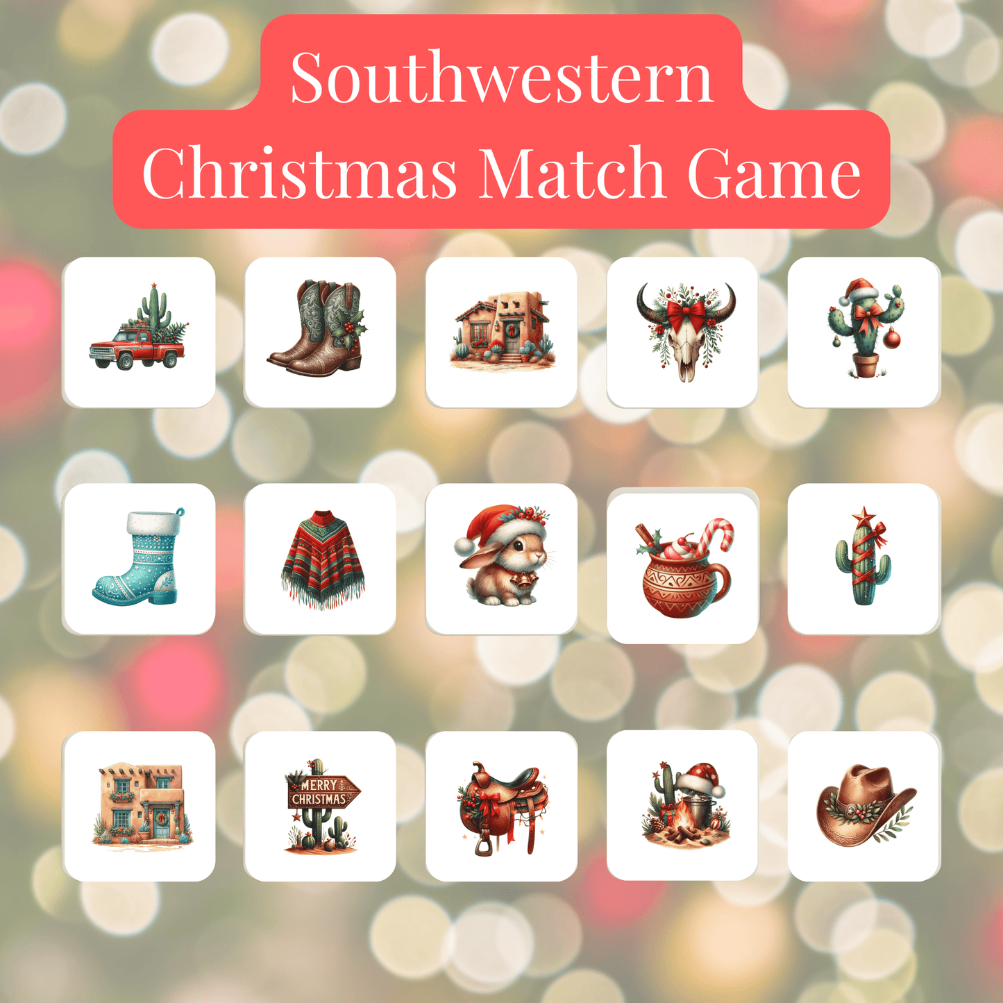 Mirabilia Boutique's Southwestern Christmas Match Game is a 60-tile memory set with festive images like cacti, cowboy boots, and animals—a fun, screen-free holiday activity for all ages.