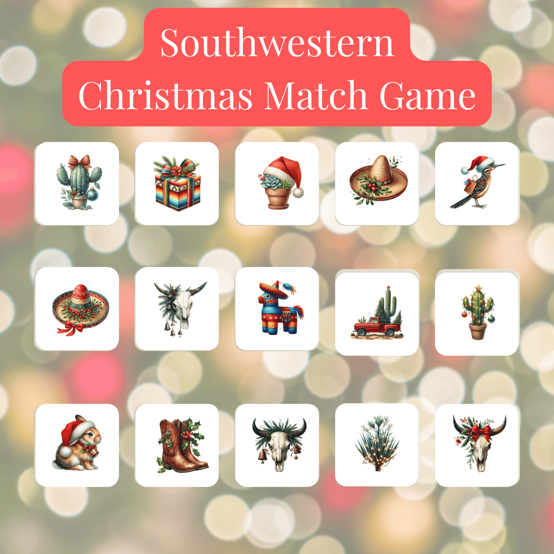The Mirabilia Boutique Southwestern Christmas Match Game is a 60-tile holiday memory set featuring festive desert icons—cactus, sombrero, boots, and ornaments—on vibrant backgrounds for fun, screen-free Southwestern-themed celebrations.