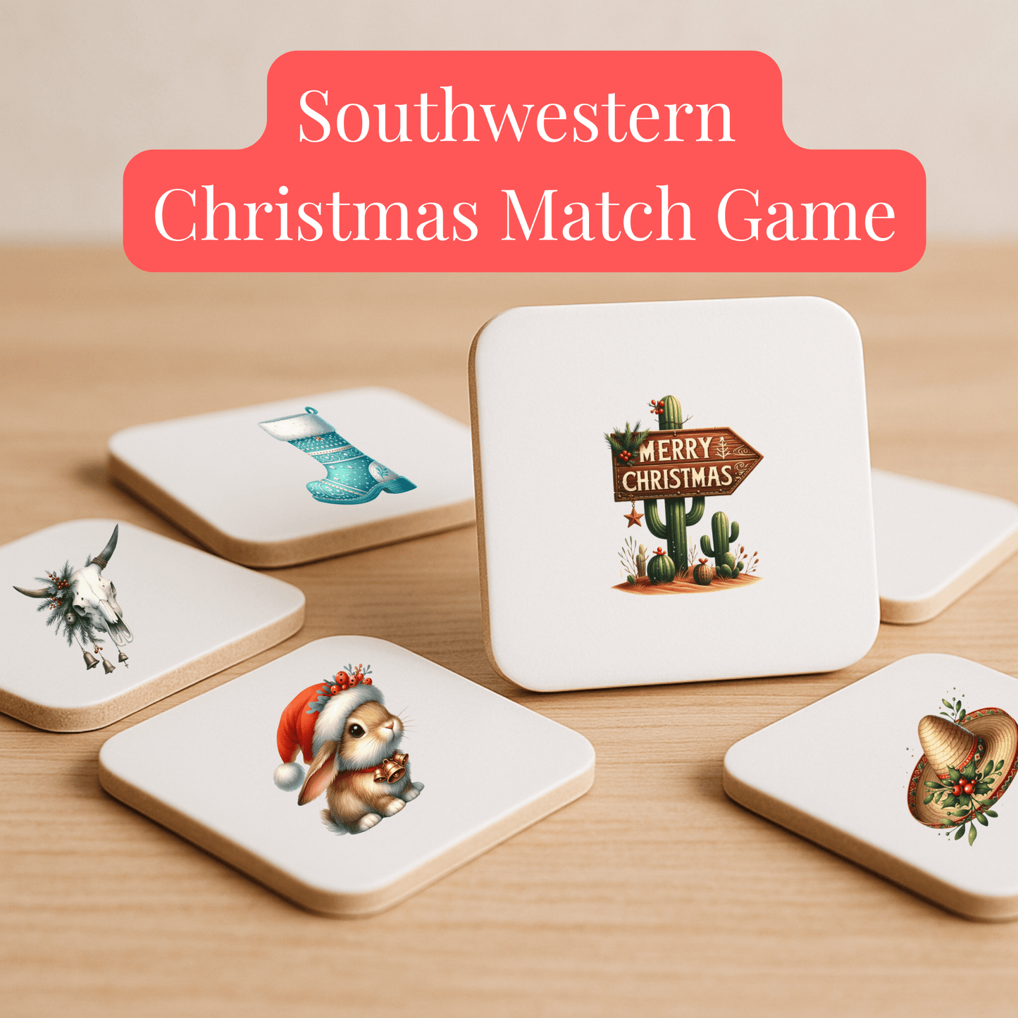 The Southwestern Christmas Match Game | 60-Tile Holiday Memory Set by Mirabilia Boutique features square tiles with southwestern holiday art—like cacti, a goat, and festive bunny—offering screen-free fun for all ages.
