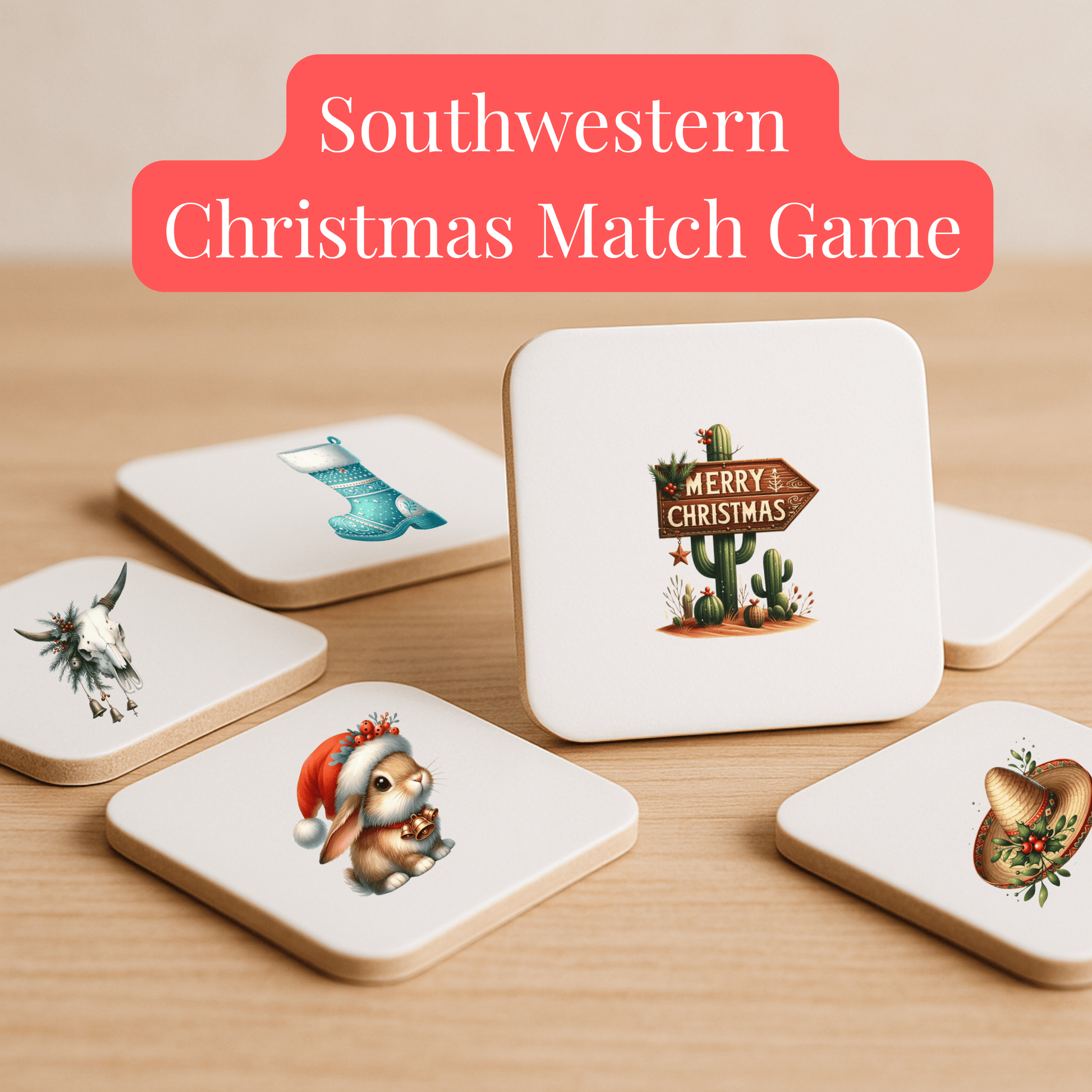The Southwestern Christmas Match Game | 60-Tile Holiday Memory Set by Mirabilia Boutique features square tiles with southwestern holiday art—like cacti, a goat, and festive bunny—offering screen-free fun for all ages.