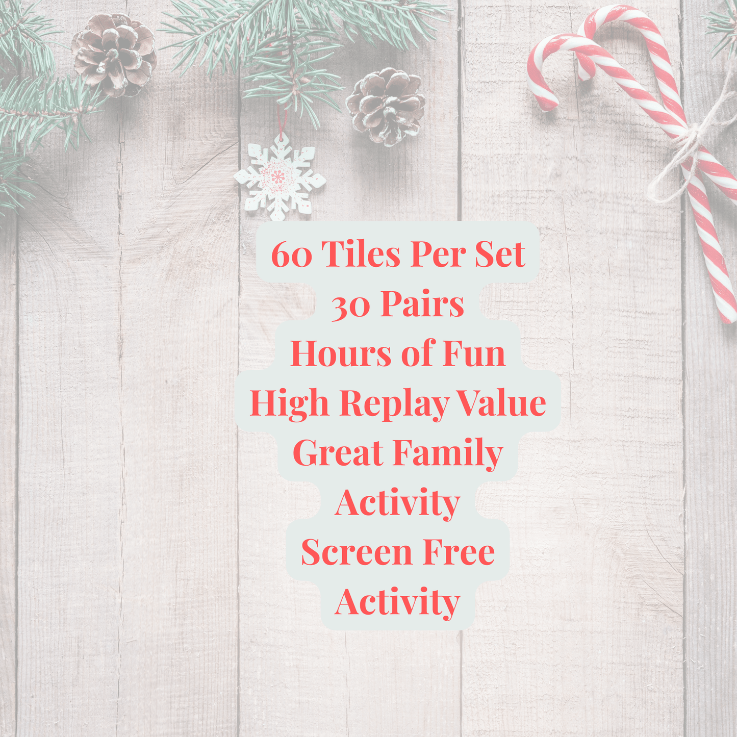Candy canes and pine cones on wood set the scene for screen-free fun with family and friends, playing the Mirabilia Boutique Southwestern Christmas Match Game | 60-Tile Holiday Memory Set.