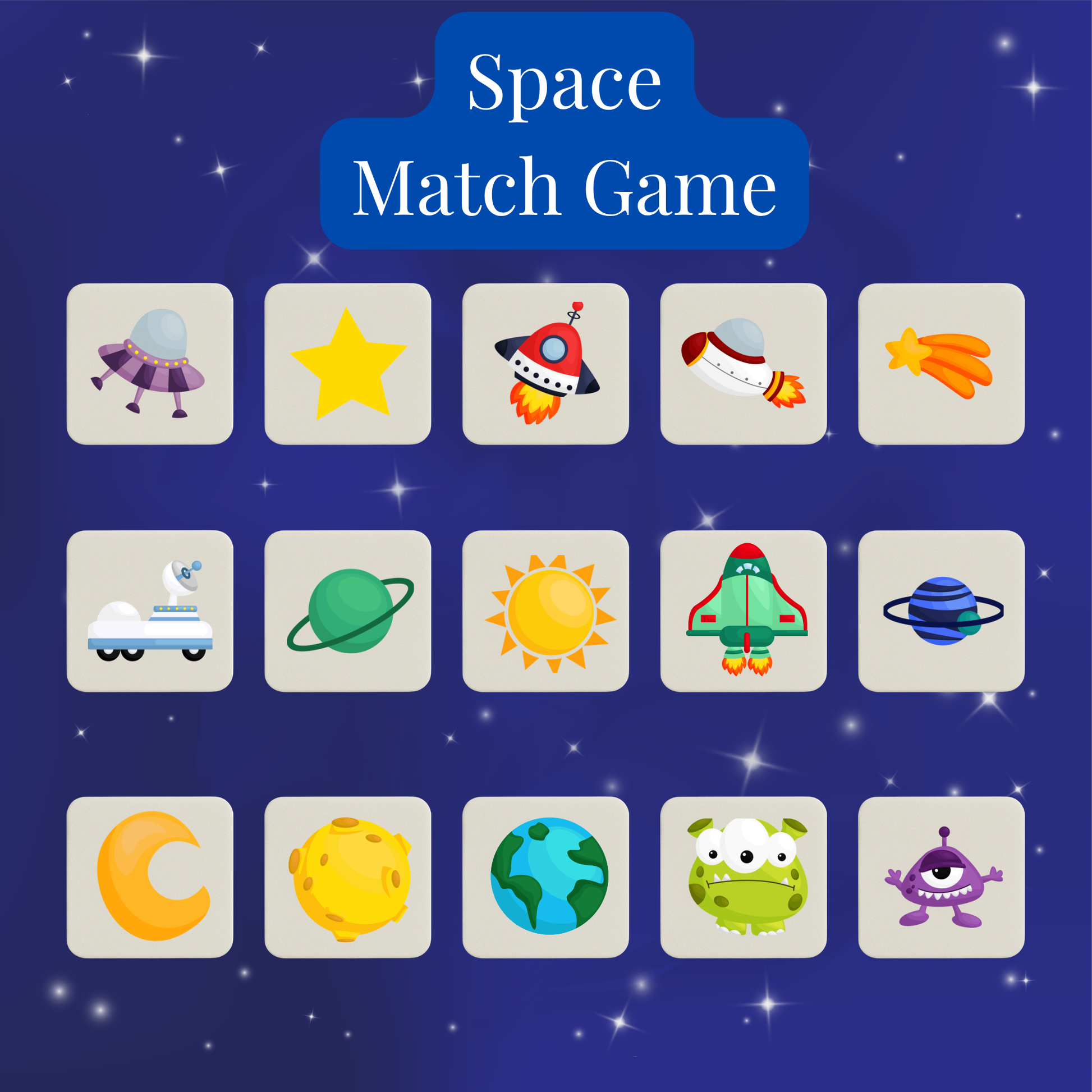 A grid of cartoon UFOs, rockets, planets, stars, and aliens on a starry background. Space Match Game | Kids Memory Game | 15 Matching Pairs by Mirabilia Boutique—fun for space lovers and memory match fans!.
