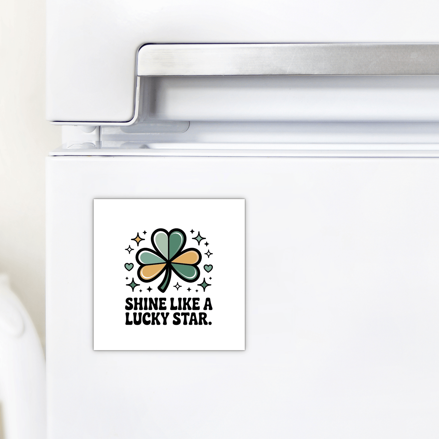 The Shine Like a Lucky Star Magnet by Mirabilia Boutique features a green and gold four-leaf clover, stars, and “SHINE LIKE A LUCKY STAR”—a perfect St. Patrick’s Day gift or retro affirmation magnet for good vibes.