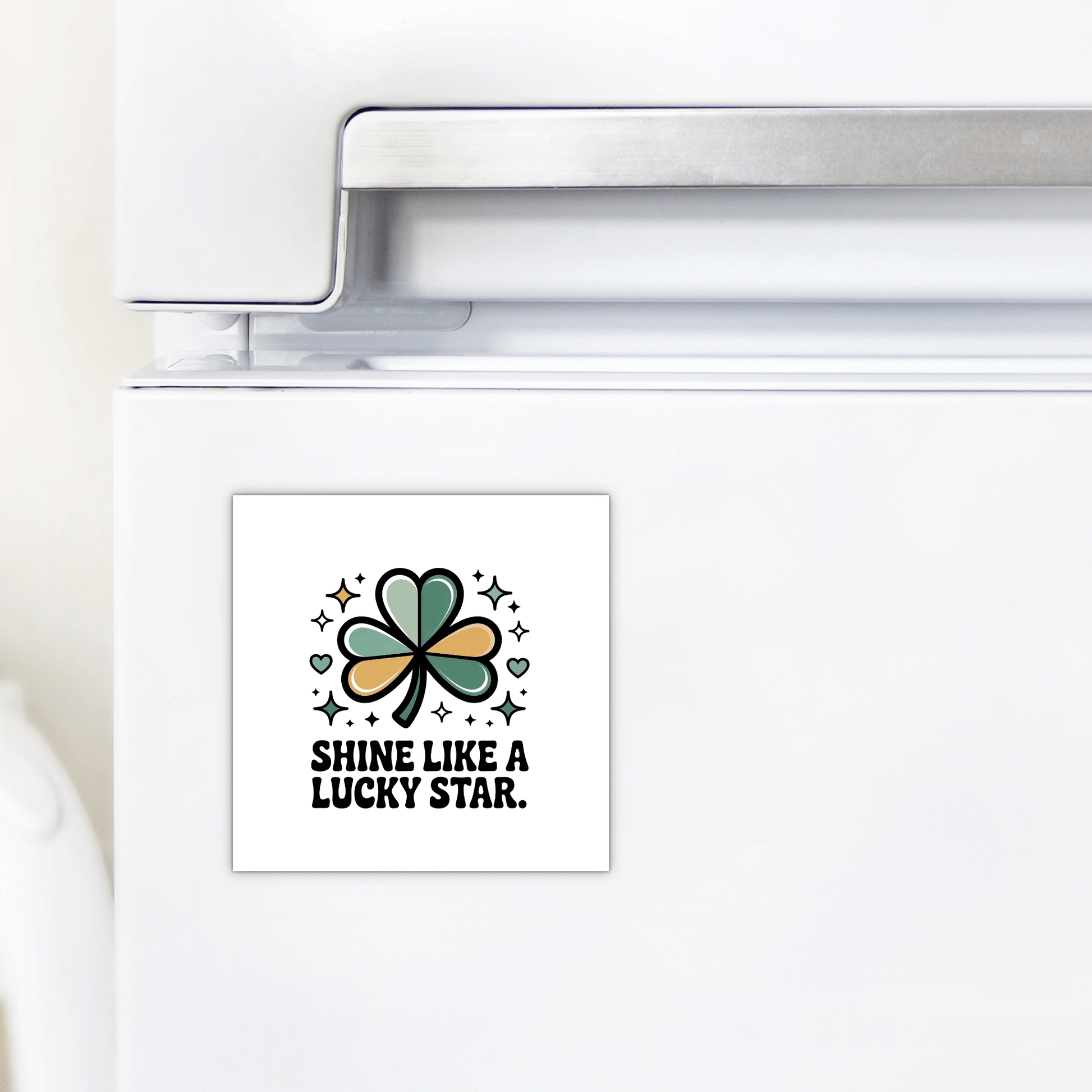 The Shine Like a Lucky Star Magnet by Mirabilia Boutique features a green and gold four-leaf clover, stars, and “SHINE LIKE A LUCKY STAR”—a perfect St. Patrick’s Day gift or retro affirmation magnet for good vibes.