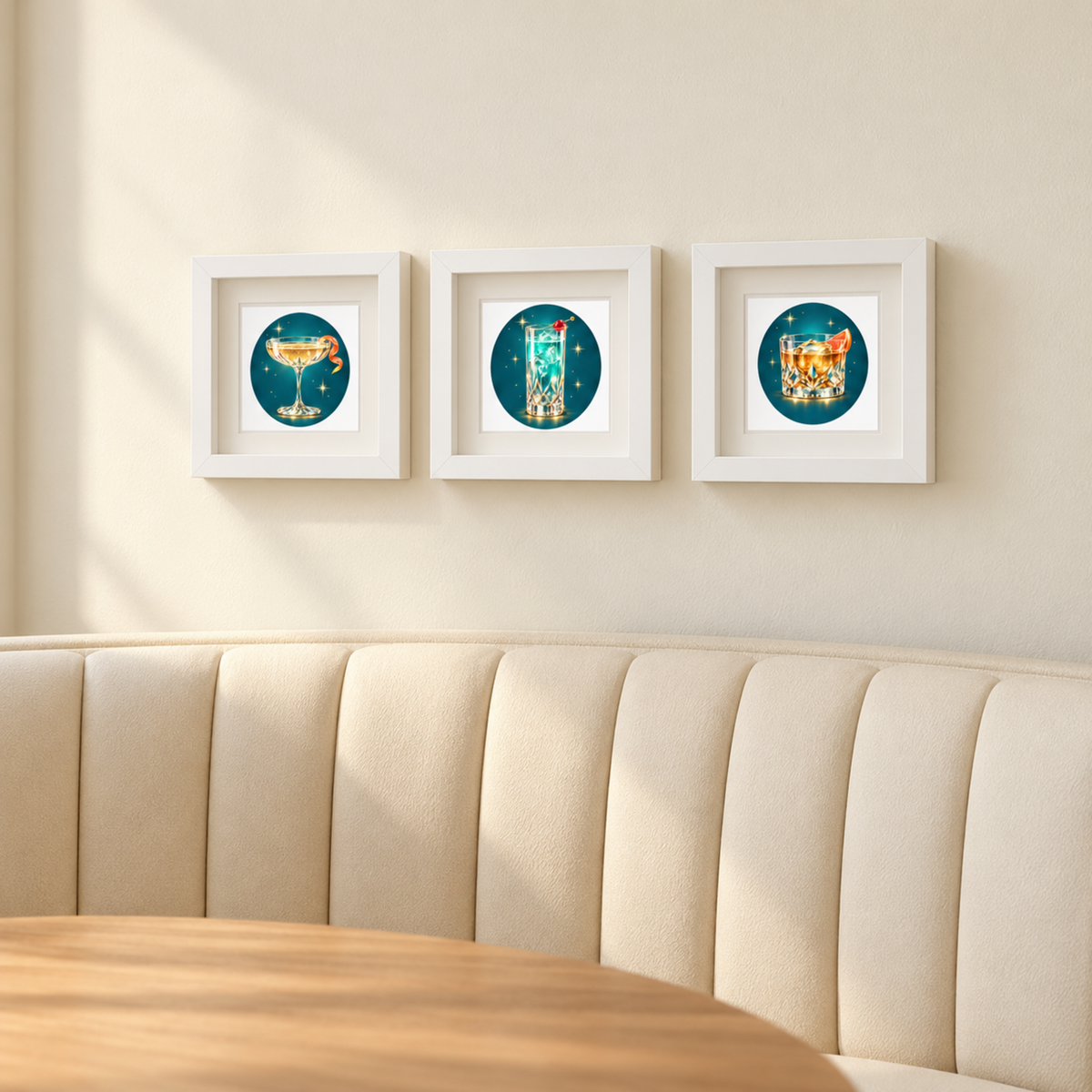 Three “An Evening at the Stardust | Mirabilia Relics” framed prints by Mirabilia Boutique hang above a curved cream booth and wooden table in a cozy, elegant space.