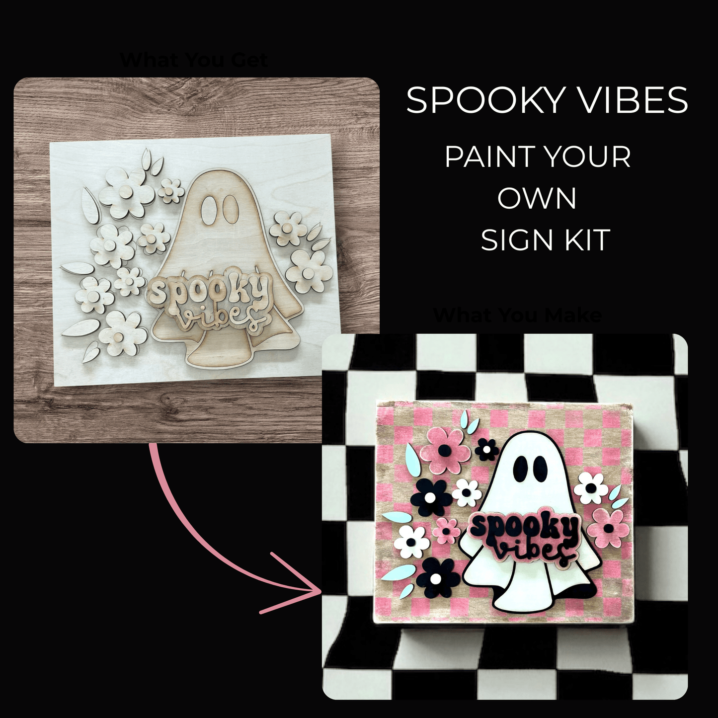 Two images show the Spooky Vibes Paint Kit by Mirabilia Boutique—one unpainted with loose flowers, one painted pink and black as a DIY Halloween ghost sign. Perfect for crafters looking to make spooky home decor.