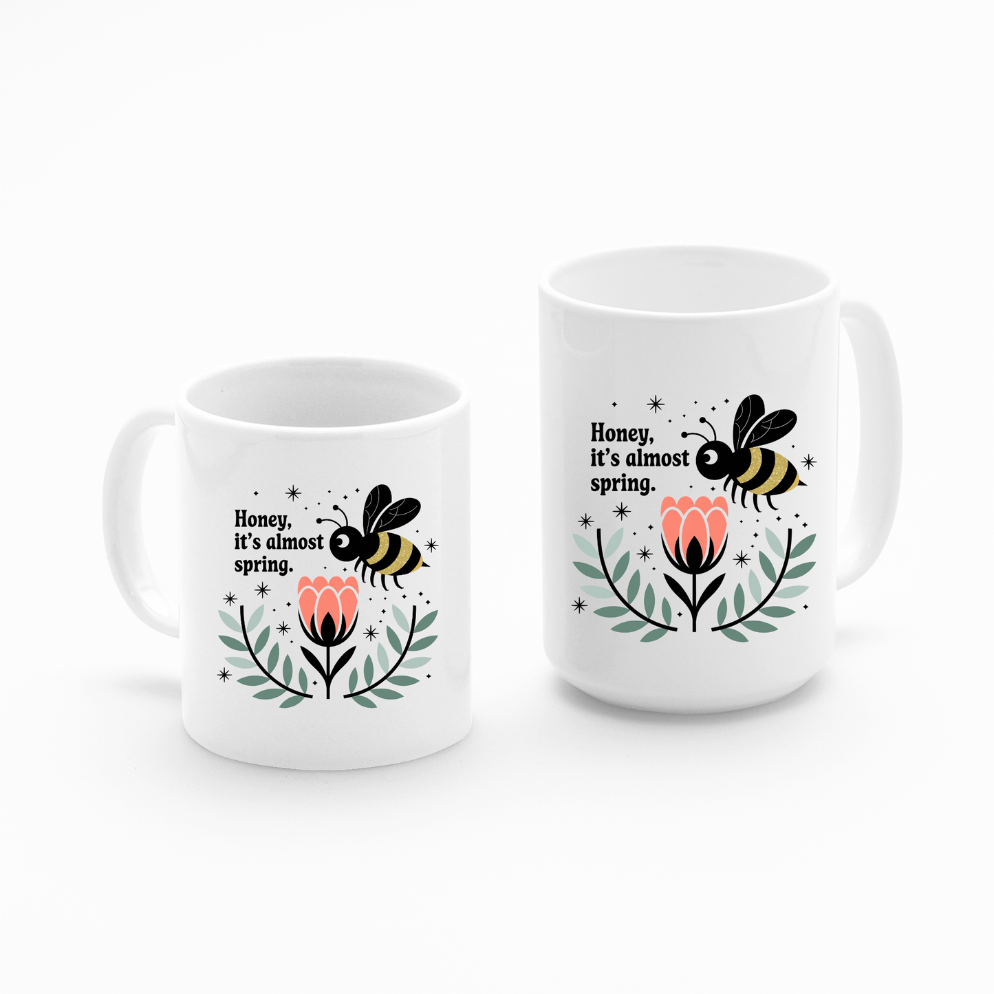 Mirabilia Boutique’s Spring Bee Mug features a cute bee above a pink flower with “Honey, It’s Almost Spring” text—perfect as a floral coffee cup to welcome the season.
