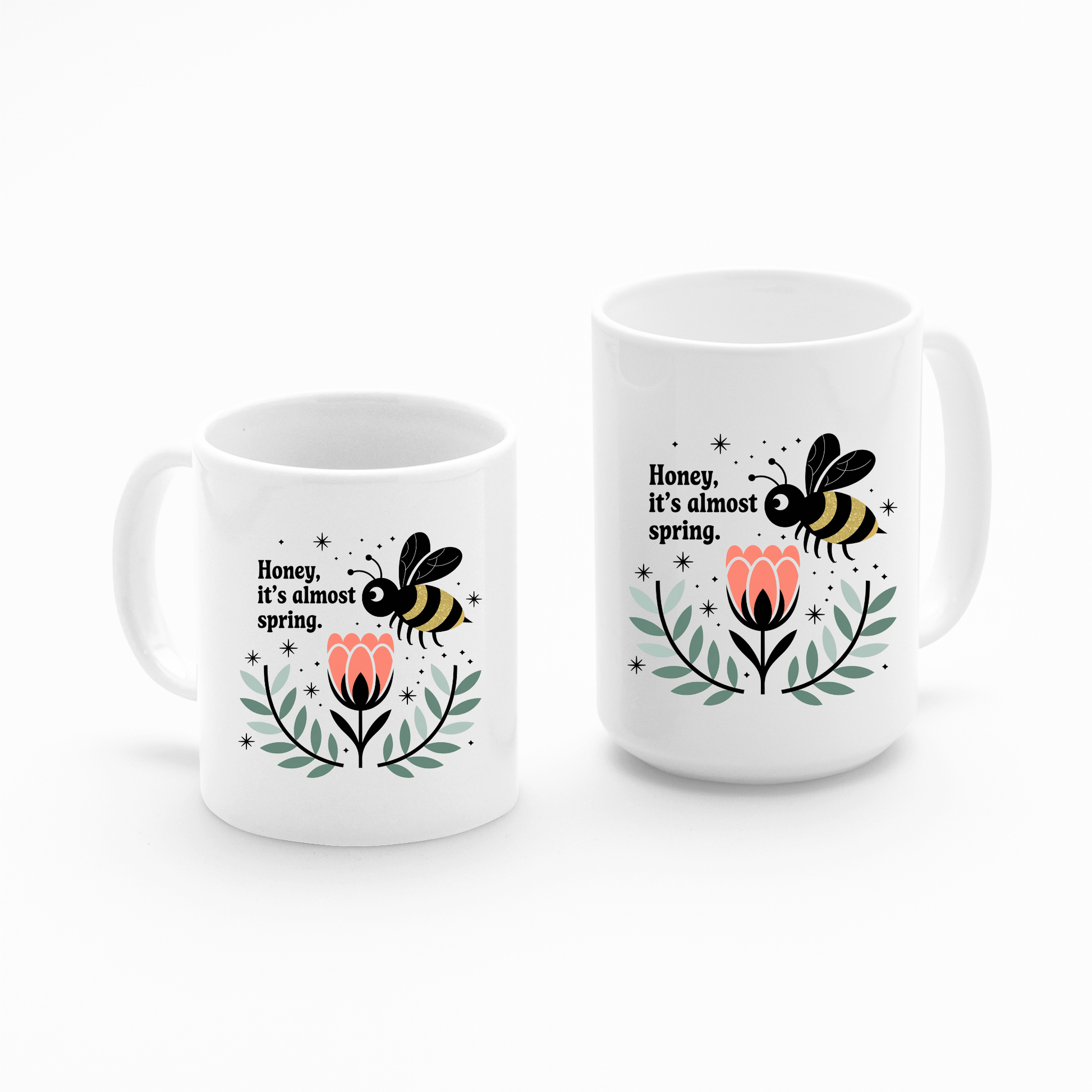 Mirabilia Boutique’s Spring Bee Mug features a cute bee above a pink flower with “Honey, It’s Almost Spring” text—perfect as a floral coffee cup to welcome the season.