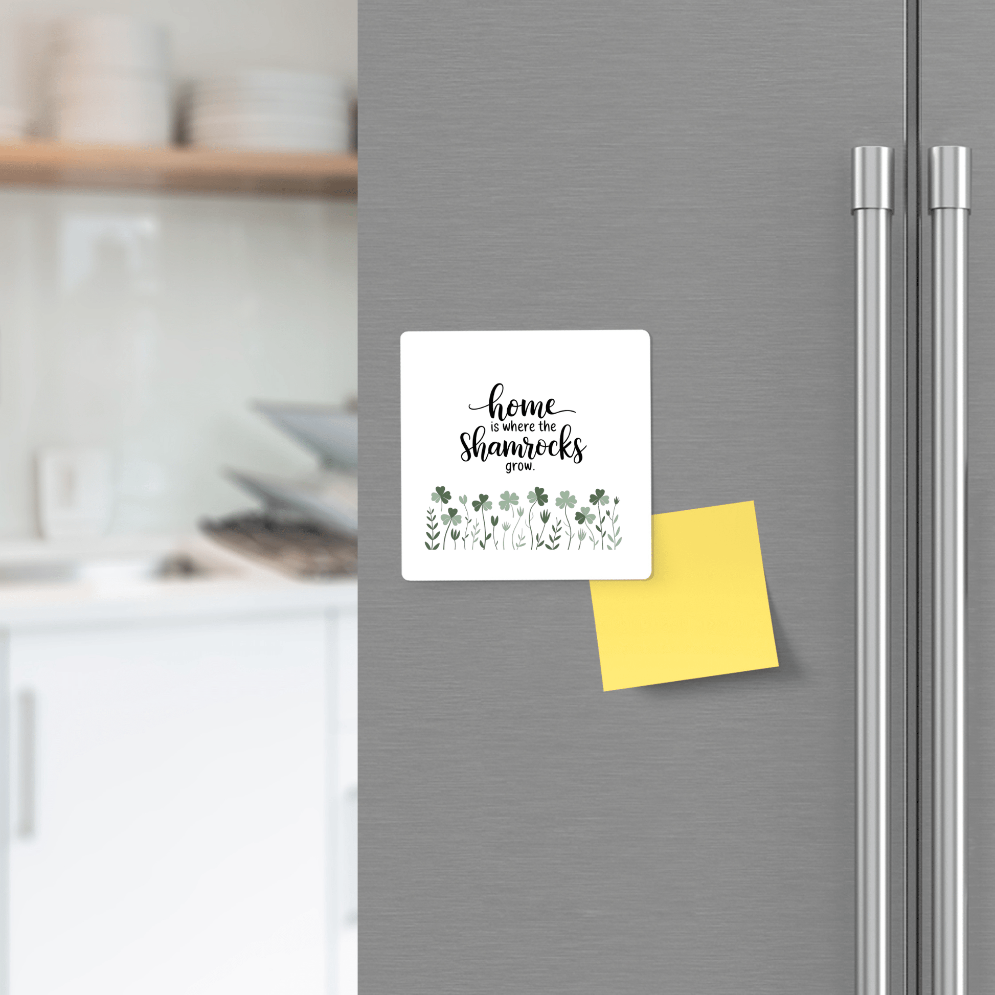 The Mirabilia Boutique "Home Is Where the Shamrocks Grow" magnet features green shamrock art and a festive saying—ideal Irish-inspired spring decor for your fridge or refrigerator accessory collection.
