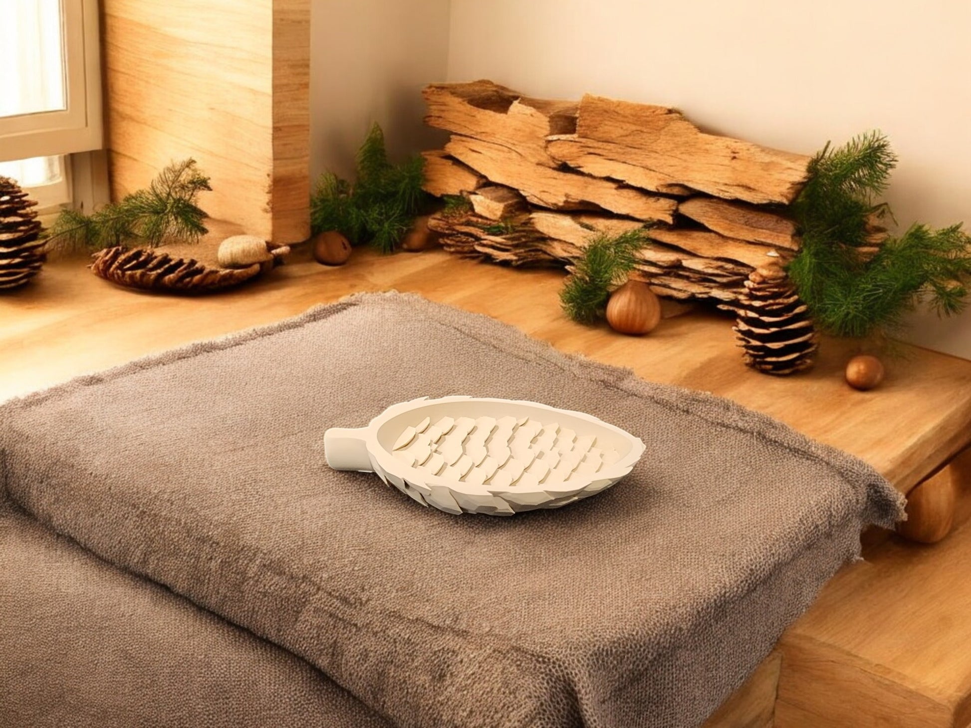The Light Brown Pinecone Tray by Mirabilia Boutique rests on a brown towel in a cozy wood-themed room, adding a nature-inspired accent amid pinecones, evergreens, and stacked firewood for spring or fall decor.