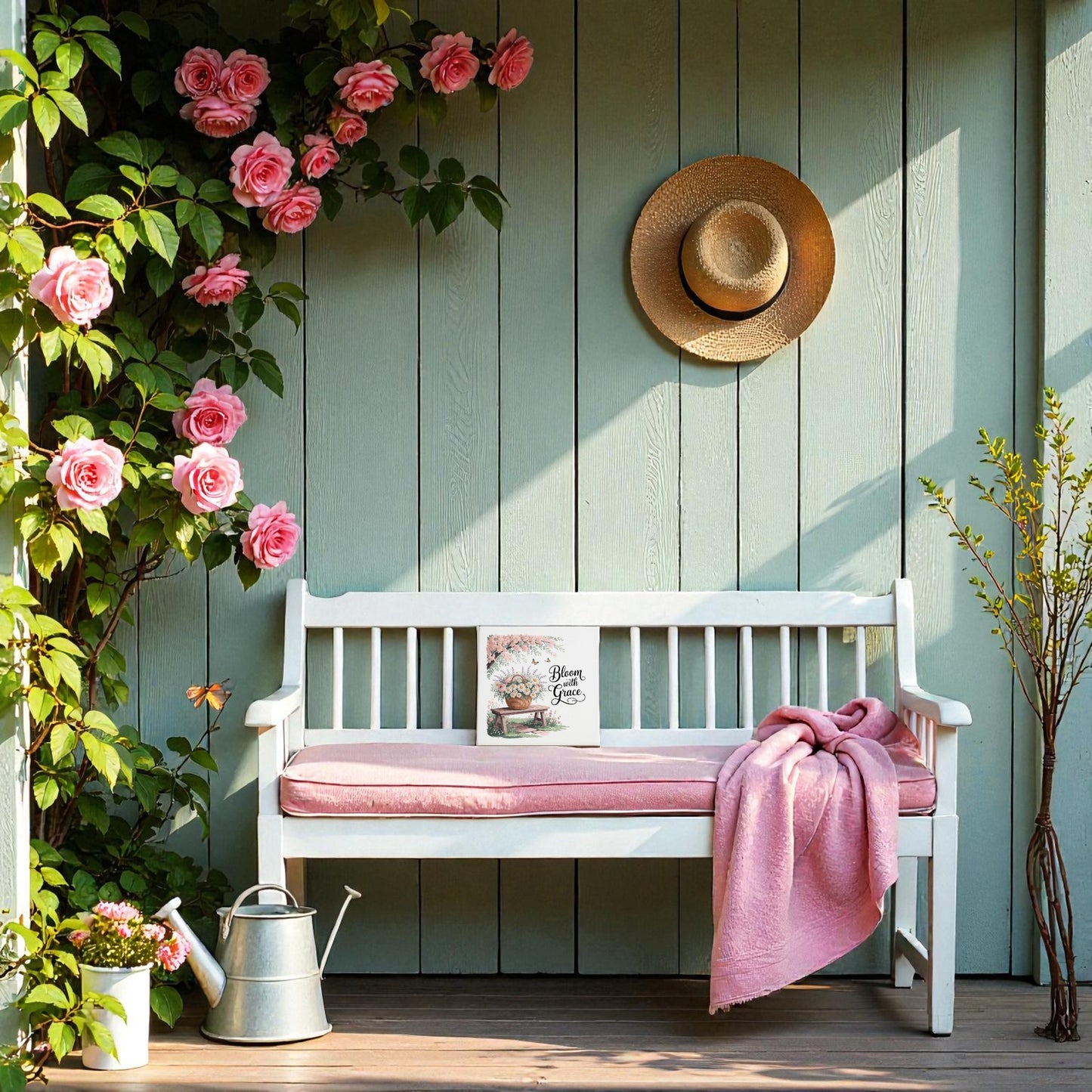 A white wooden bench with a pink cushion and throw sits against a pale green wall, accented by vintage garden decor and the "Bloom with Grace Floral Canvas Wall Art" from Mirabilia Boutique, adding charm to the wooden deck.