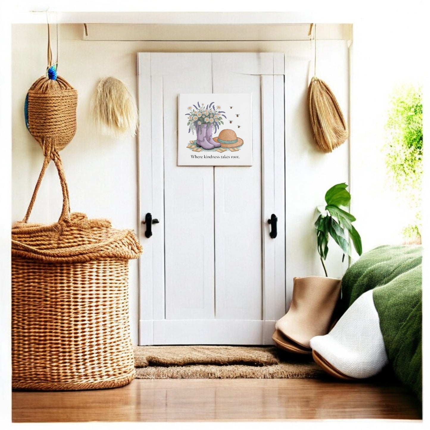 A cozy entryway with a white double door, woven baskets, a potted plant, shoes, and Mirabilia Boutique’s Kindness Takes Root Canvas – Garden-Inspired Wall Art above the door handle completes the fresh spring decor vibe.