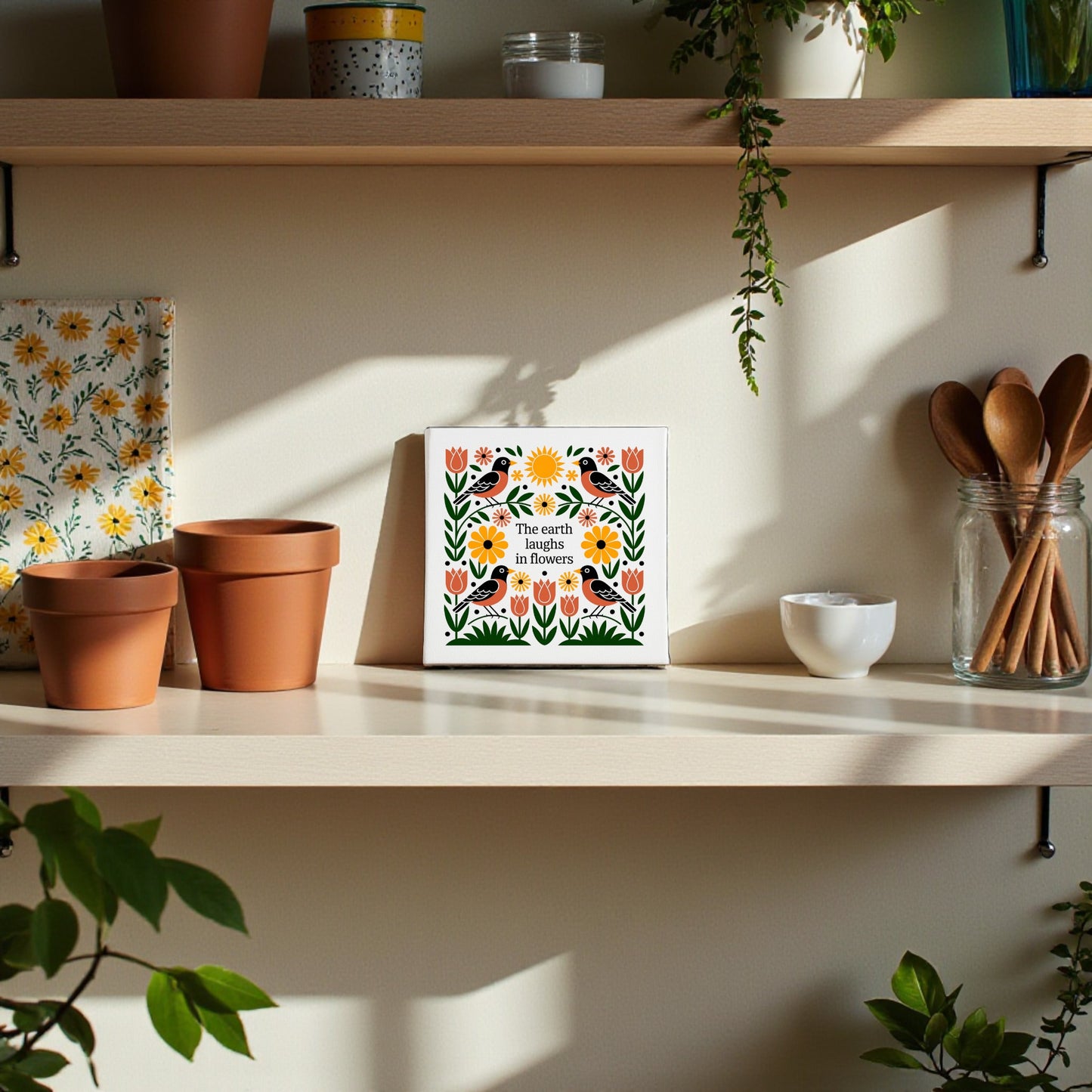 A sunlit kitchen shelf with potted plants, wooden utensils, a floral cloth, and the Mirabilia Boutique "The Earth Laughs in Flowers" Canvas Wall Art, surrounded by colorful wildflower artwork and folk art decor.