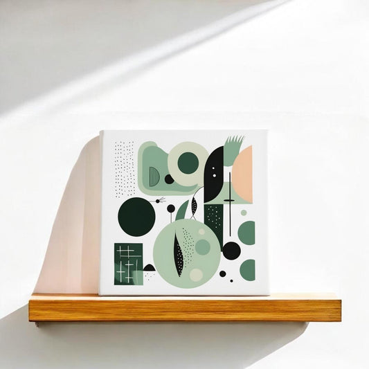 The Spring Geometry Mid Century Modern Canvas by Mirabilia Boutique features green, black, and beige geometric shapes displayed on a wooden shelf against a sunlit white wall, evoking a stylish modern abstract look.