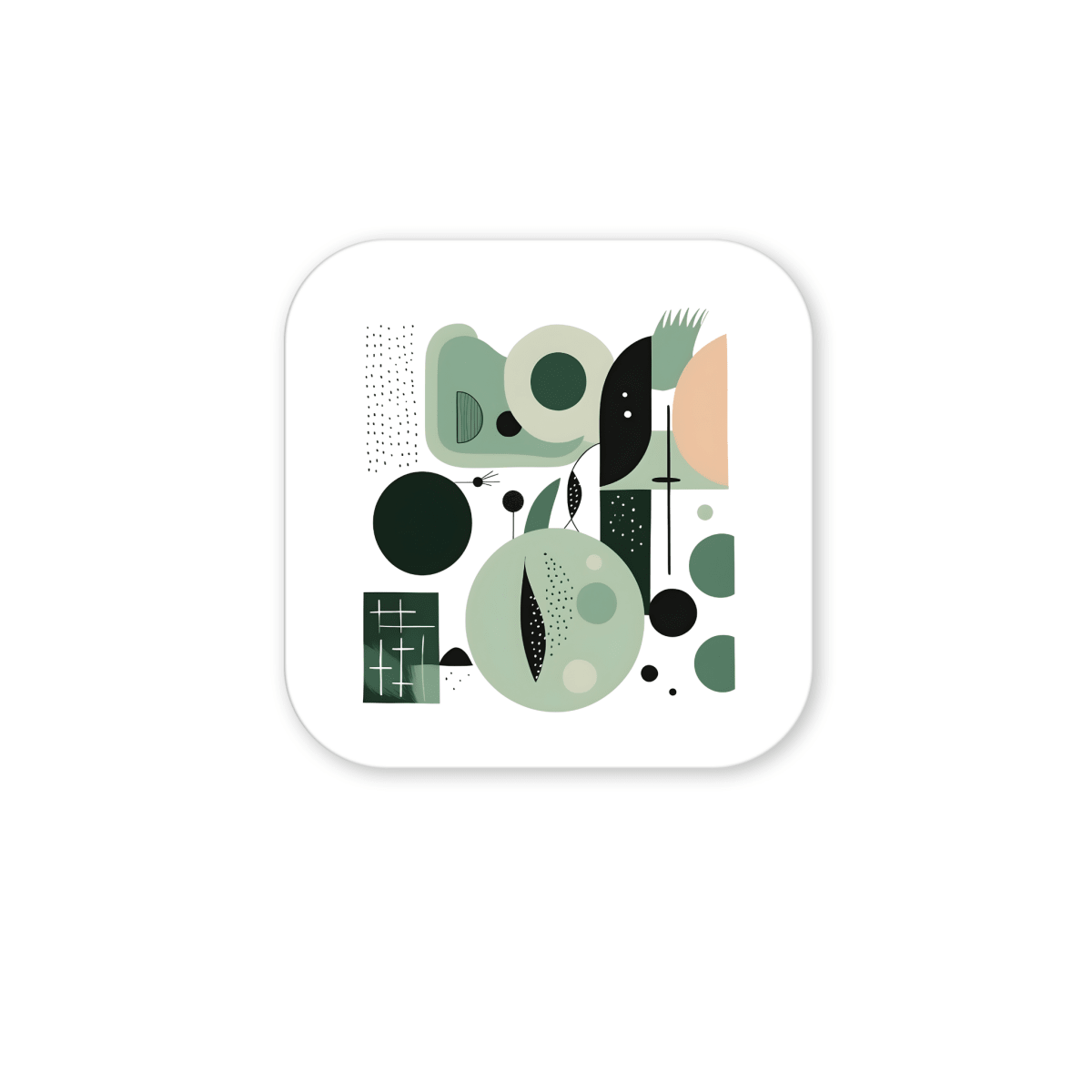 The Spring Geometry Mid Century Modern Magnet by Mirabilia Boutique features abstract green, black, and peach geometric shapes on a white rounded square—ideal as a stylish mid-century modern or geometric fridge magnet.