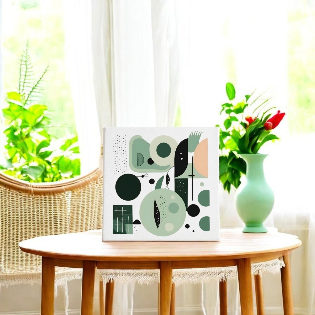 The Mirabilia Boutique Spring Geometry Mid Century Modern Canvas, featuring abstract geometric patterns, is displayed beside a green vase with red tulips on a round wooden table in front of a wicker chair and sunlit window with greenery.