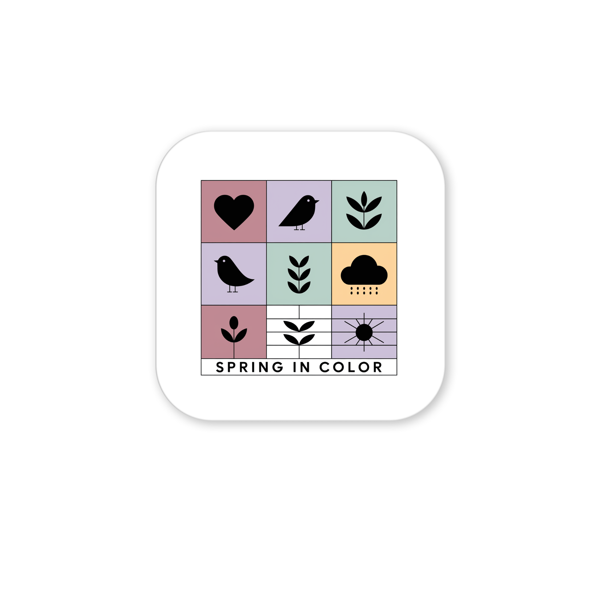 The Spring in Color Magnet – Whimsical Pastel Icons by Mirabilia Boutique features pastel squares with black icons—heart, birds, leaves, rain cloud, sun—and “SPRING IN COLOR” text, all framed in white. A perfect seasonal gift for any fridge!.