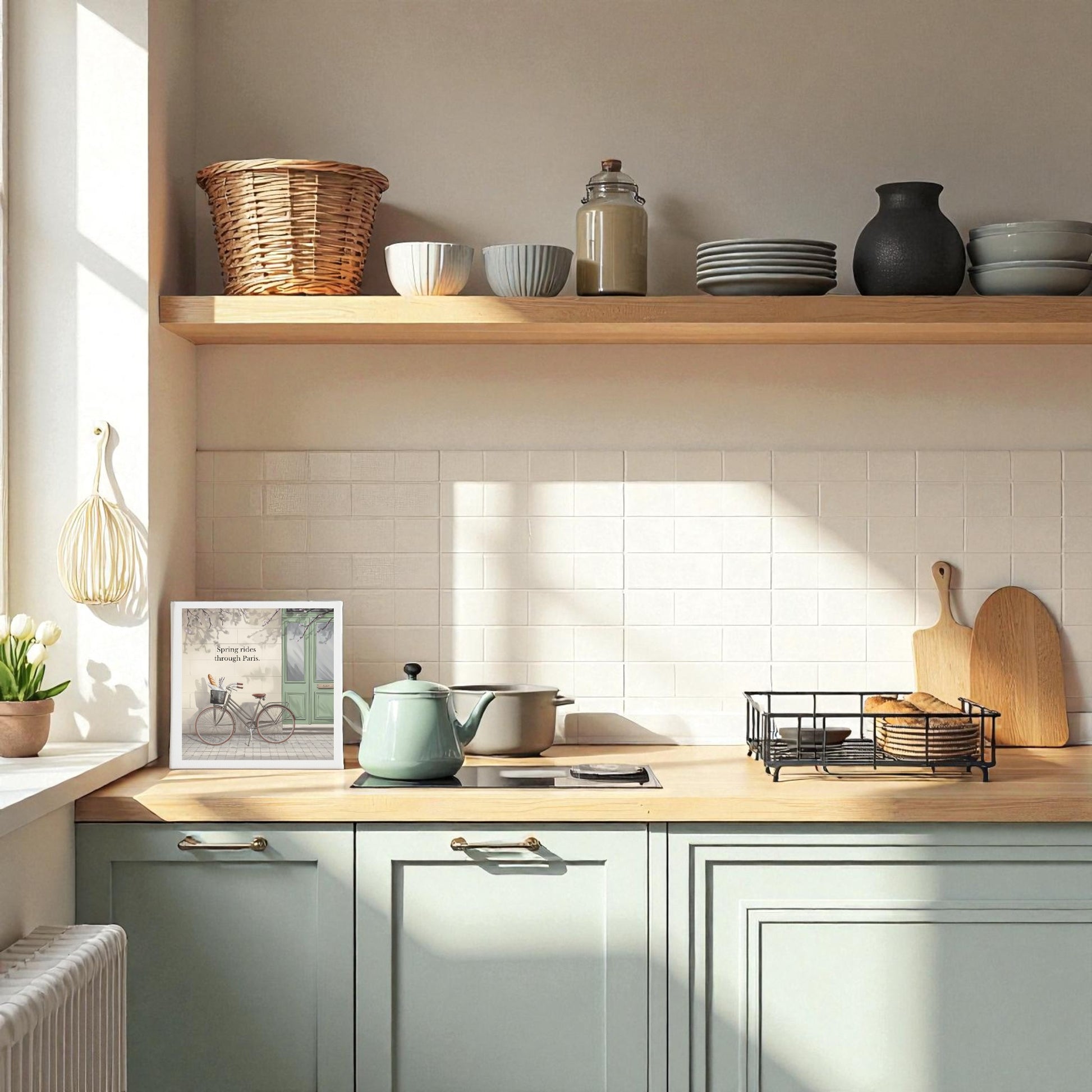 A bright, modern kitchen with light green cabinets, wooden countertops, open shelves, and sunlight streaming in features the Spring Rides Through Paris Canvas Art by Mirabilia Boutique as fresh spring wall decor.