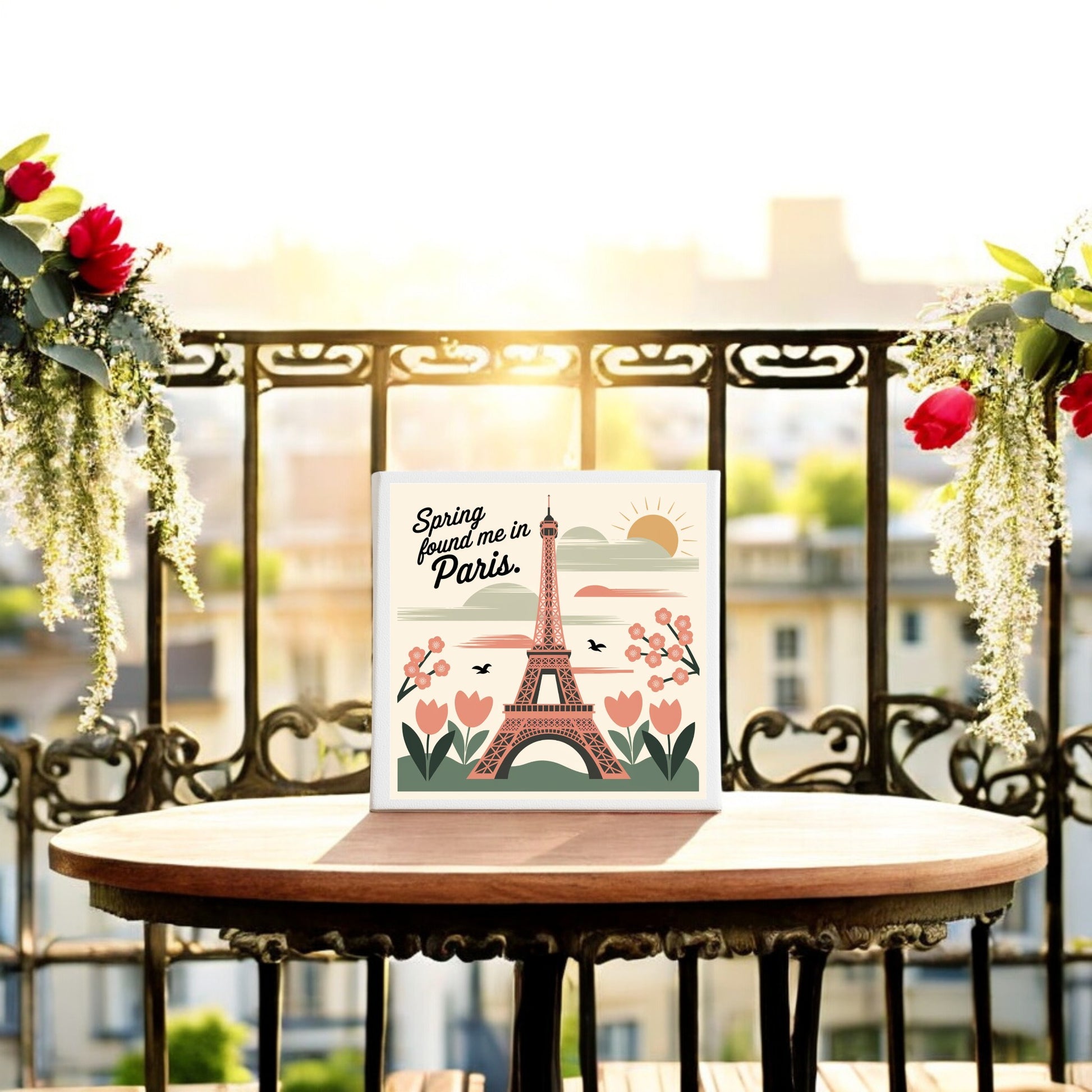 The "Spring Found Me in Paris – Eiffel Tower Art Canvas" by Mirabilia Boutique brings the charm of springtime in Paris to your space, featuring elegant artwork of the Eiffel Tower with floral and cityscape details in warm sunlight.