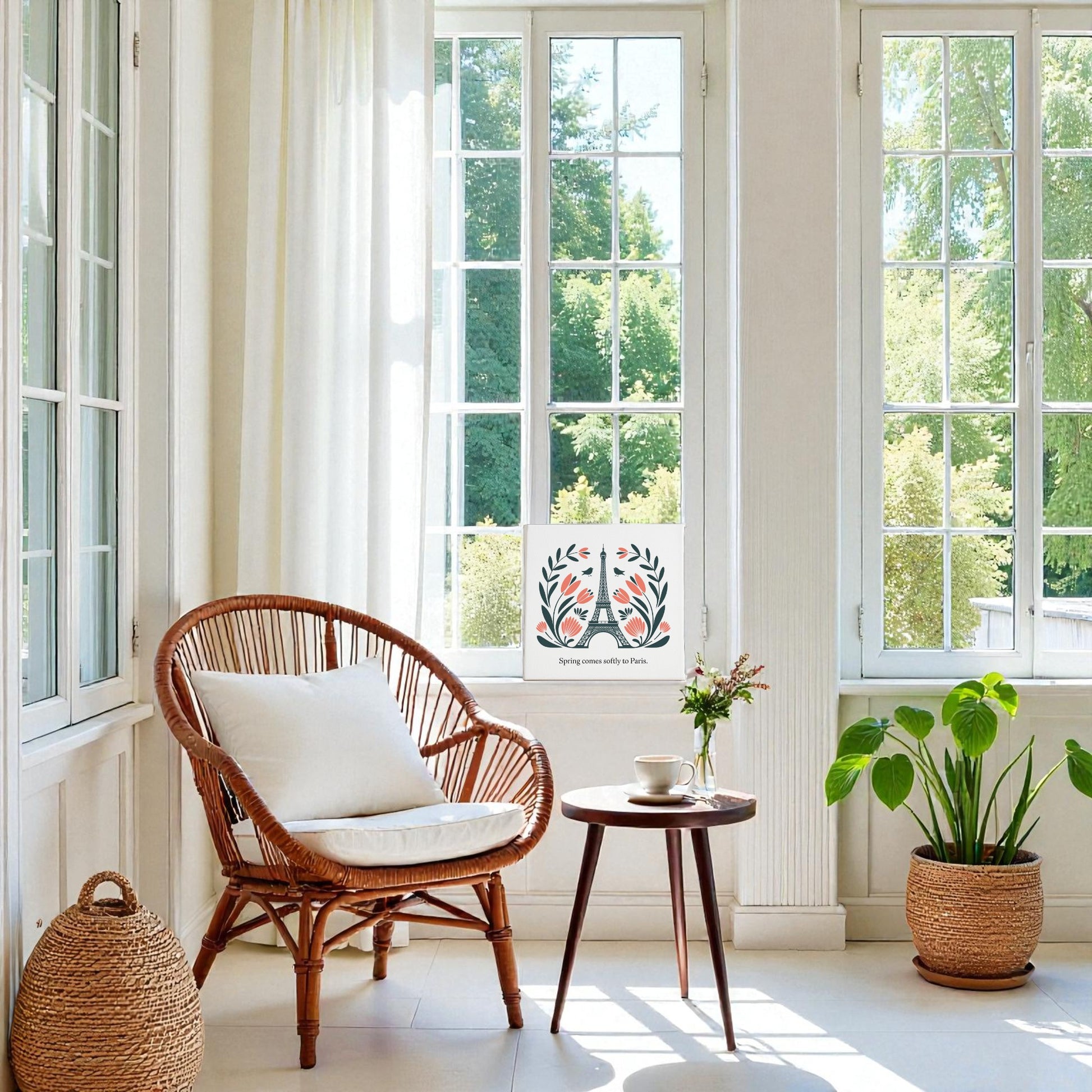 A sunlit room with large windows, a wicker chair, a round table, and Paris wall decor—Spring Comes Softly to Paris Canvas Art by Mirabilia Boutique—featuring colorful birds and leaves in floral folk art style.