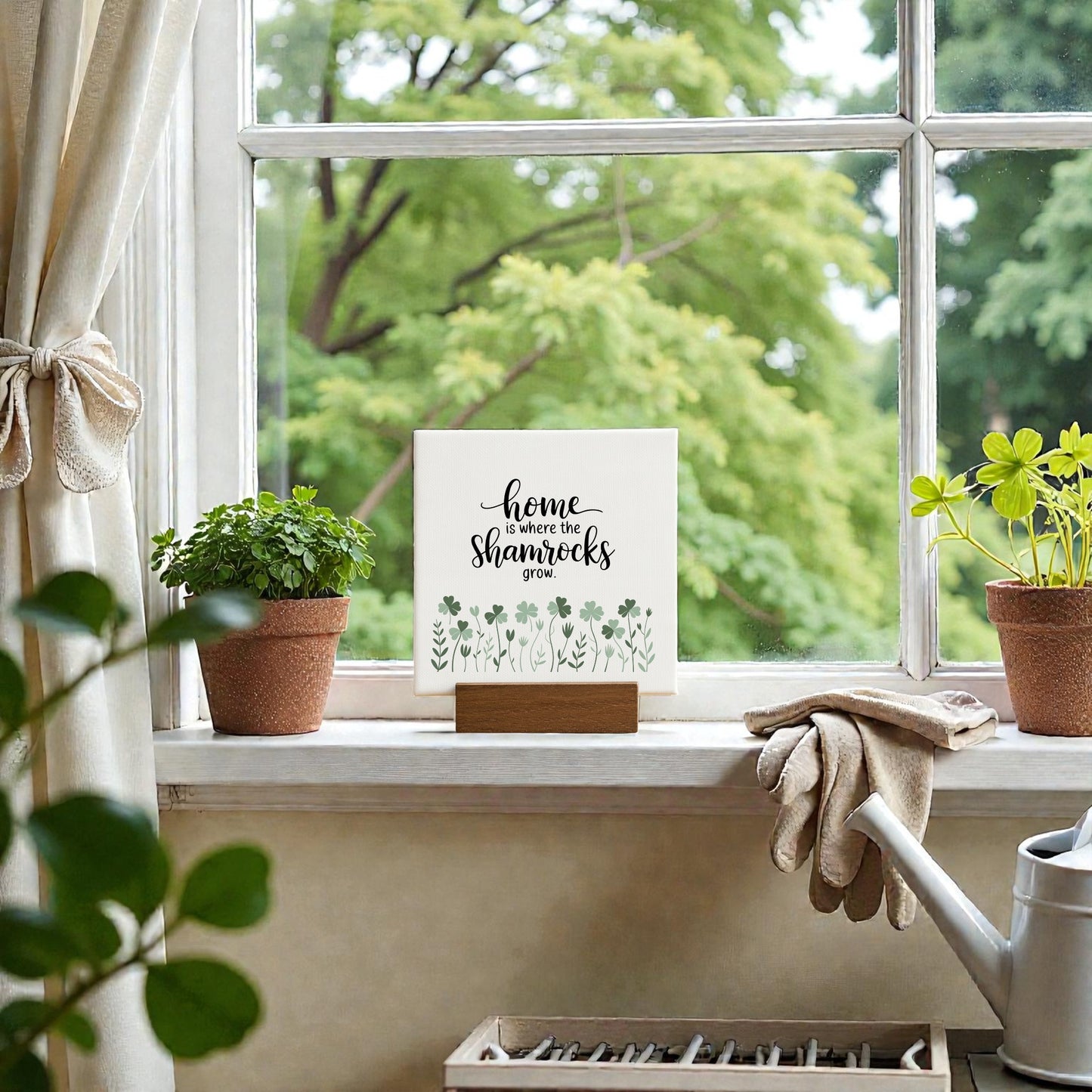 A windowsill displays Mirabilia Boutique’s "Home Is Where the Shamrocks Grow" mini sign with potted plants, a watering can, and gardening gloves. Lush green trees outside complete this charming touch of Irish home decor.