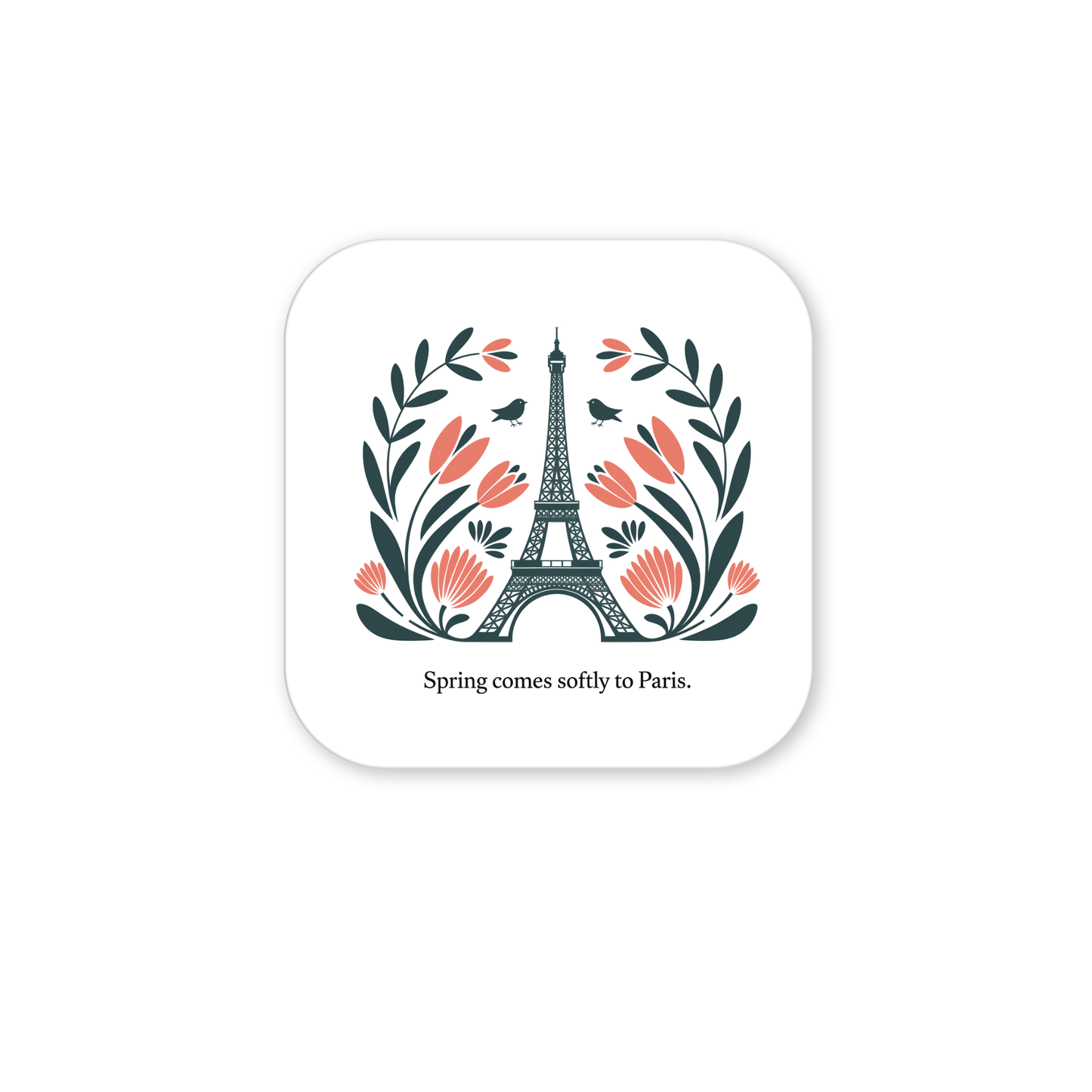 The "Spring Comes Softly to Paris – Floral Eiffel Magnet" by Mirabilia Boutique features the Eiffel Tower with pink flowers, green leaves, and two birds. The text reads "Spring comes softly to Paris." Ideal for art and travel lovers.