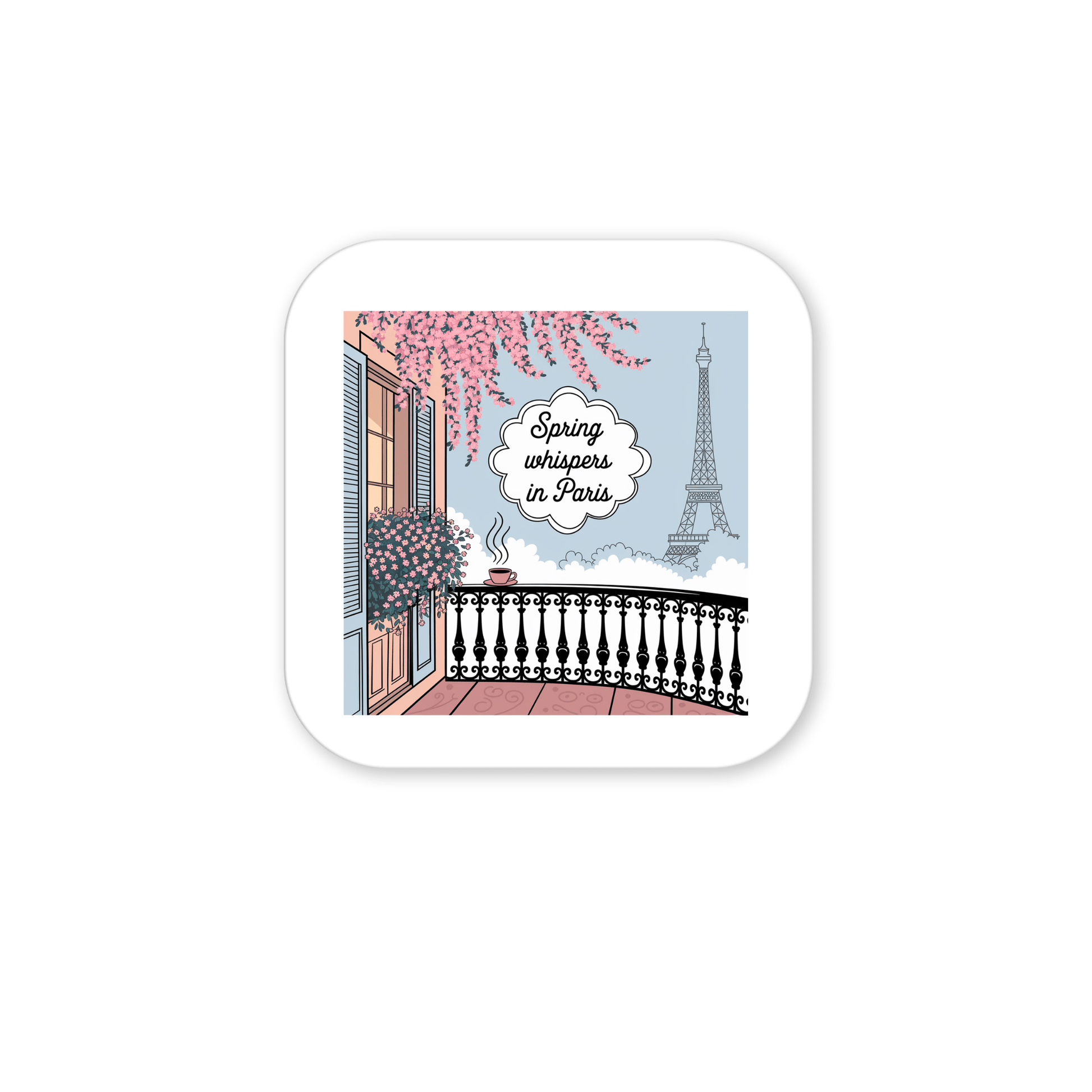 Bring Paris home with the Mirabilia Boutique "Spring Whispers in Paris Magnet – Eiffel Tower View," featuring a pastel illustration of a romantic balcony with flower boxes, pink blossoms, and the iconic tower in the background.