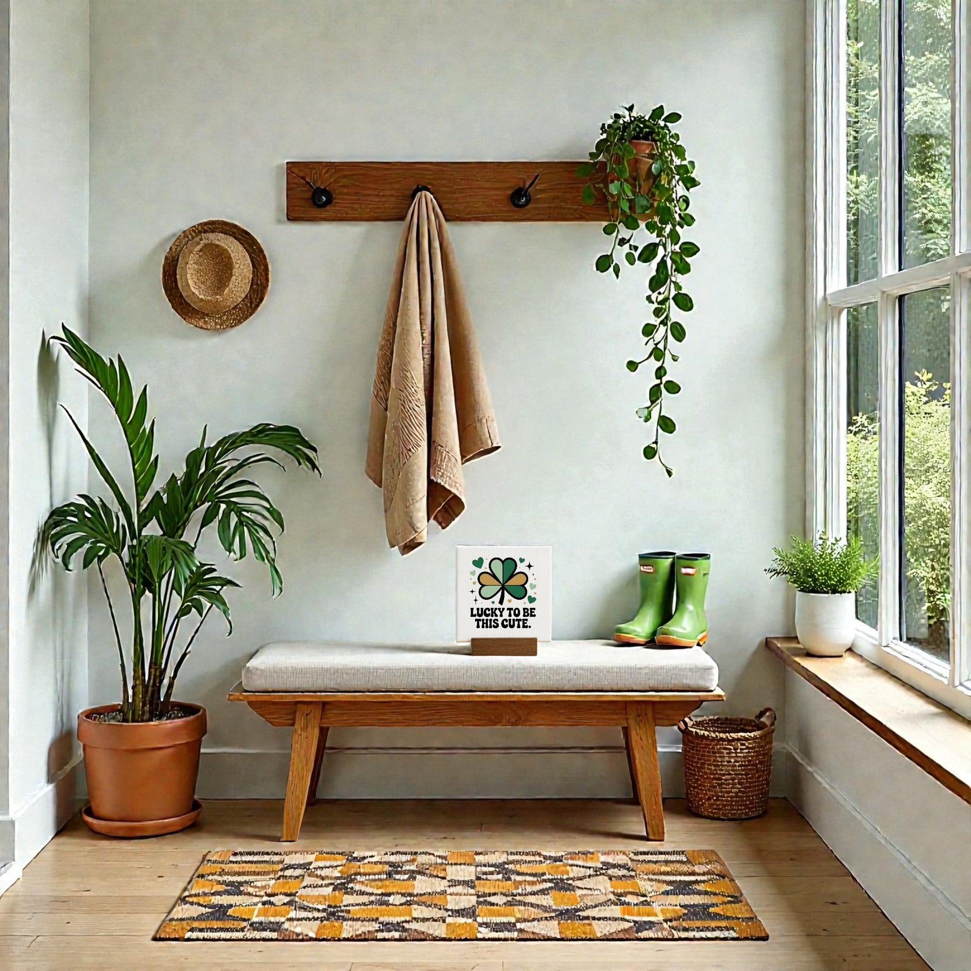 A cozy entryway features a Mirabilia Boutique “Lucky to Be This Cute” 4x4 canvas sign, wooden bench, potted plants, green rain boots, clover decor, and sunlight streaming through large windows onto the rug and woven basket.