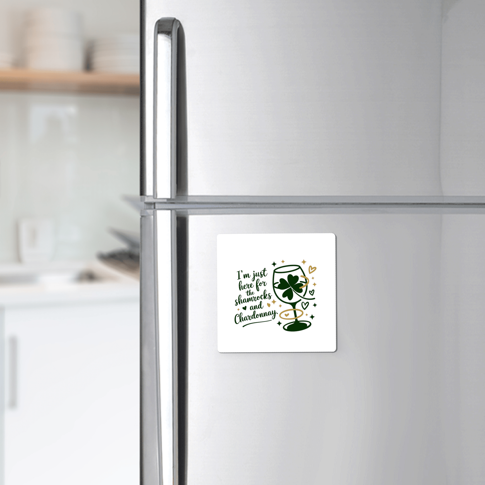 The Mirabilia Boutique Shamrocks and Chardonnay Magnet—a fun St. Patrick’s Day favor—features a green drink, shamrocks, hearts, and the phrase "I'm just here for shamrocks, shenanigans, and a Chardonnay.