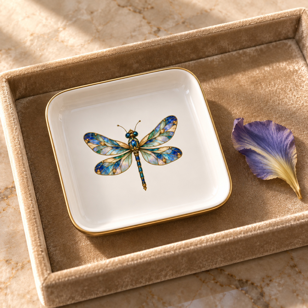 The Jeweled Dragonfly Jewelry Tray from Mirabilia Boutique’s Gilded Reverie collection, featuring a vibrant jeweled dragonfly motif, rests on a tan velvet tray alongside a striking purple and yellow flower petal—making it an elegant accent piece inspired by Mirabilia for any space.