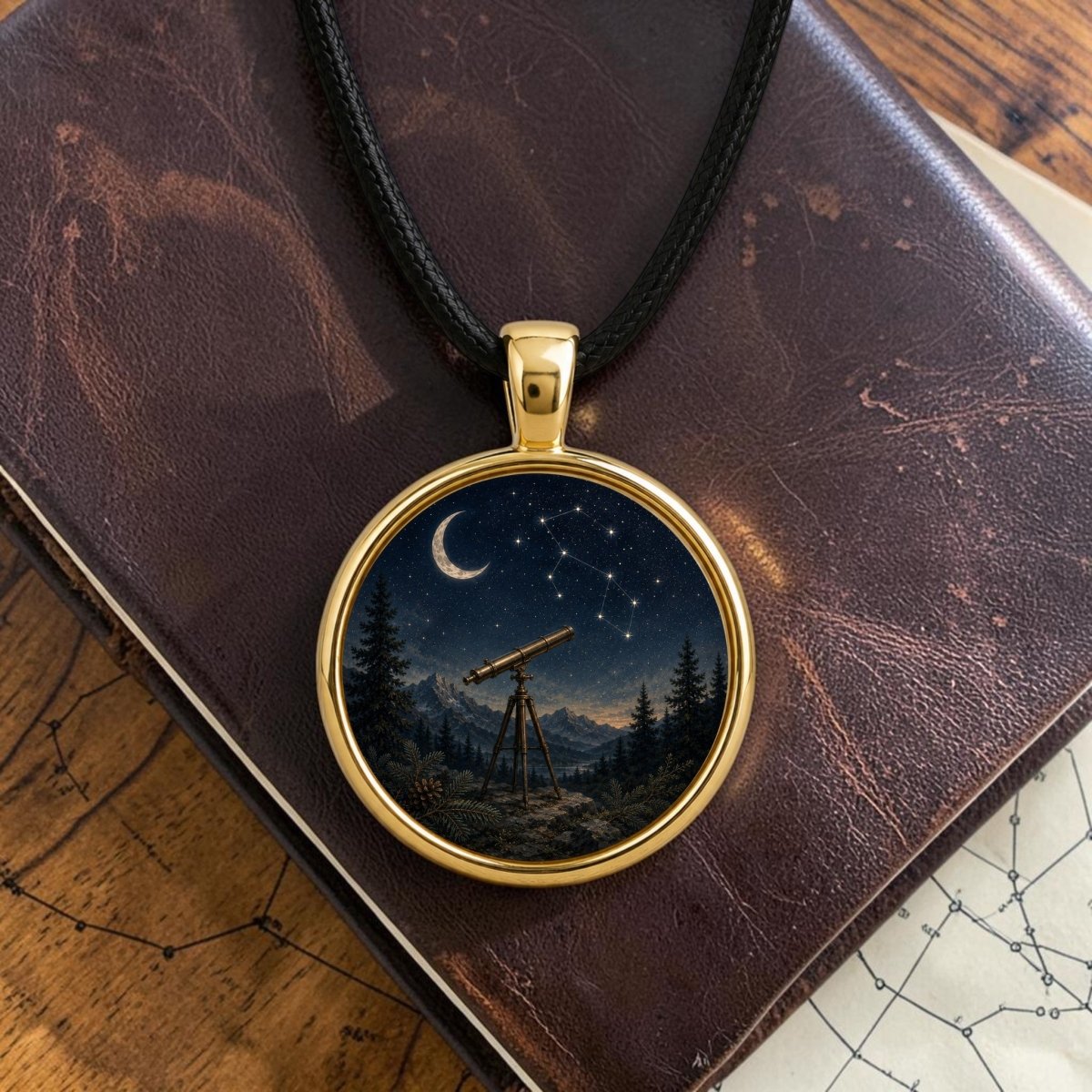 The Under the Constellations | Story Pendant Necklace by Mirabilia Boutique features an illustration of a telescope beneath a star-filled night sky, complete with a crescent moon and constellation, and is pictured resting atop a brown leather book—making it an enchanting piece of stargazing jewelry.