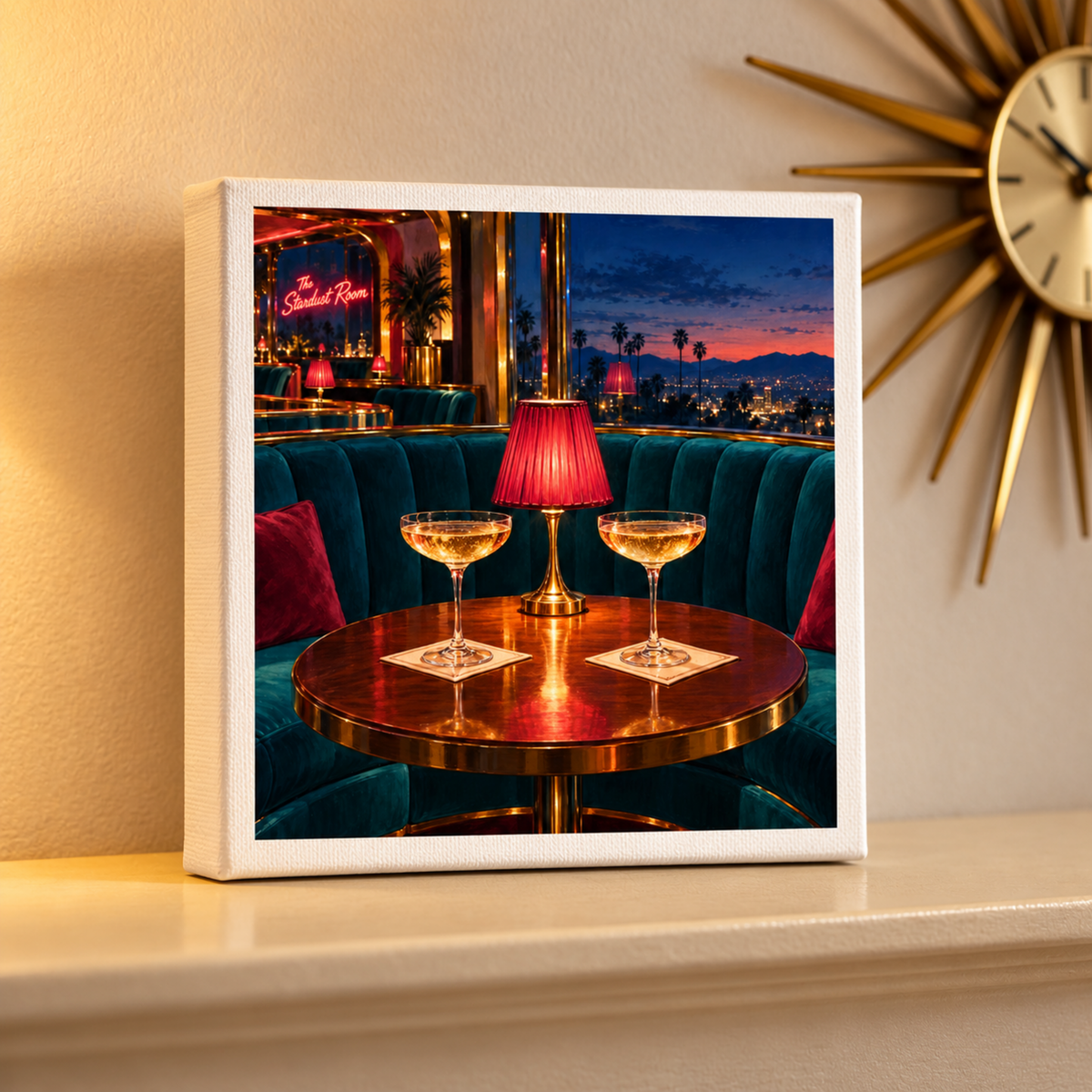 The Cocktails at the Stardust Canvas | Chrome & Starlight is a square mid-century art print featuring two cocktails on a round table in a dark, teal-upholstered room with a view of a city at sunset.