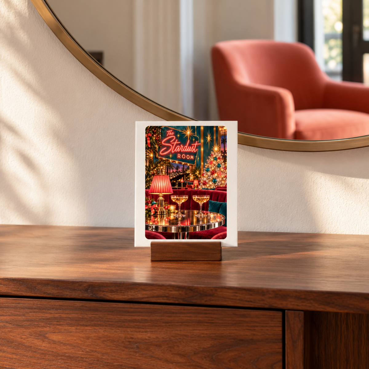 Merry at the Stardust Mini Sign | Chrome & Starlight small framed holiday tabletop decor on a wooden stand, featuring a lounge scene with a neon sign reading “The Stardust Room” above two champagne coupes on a table.