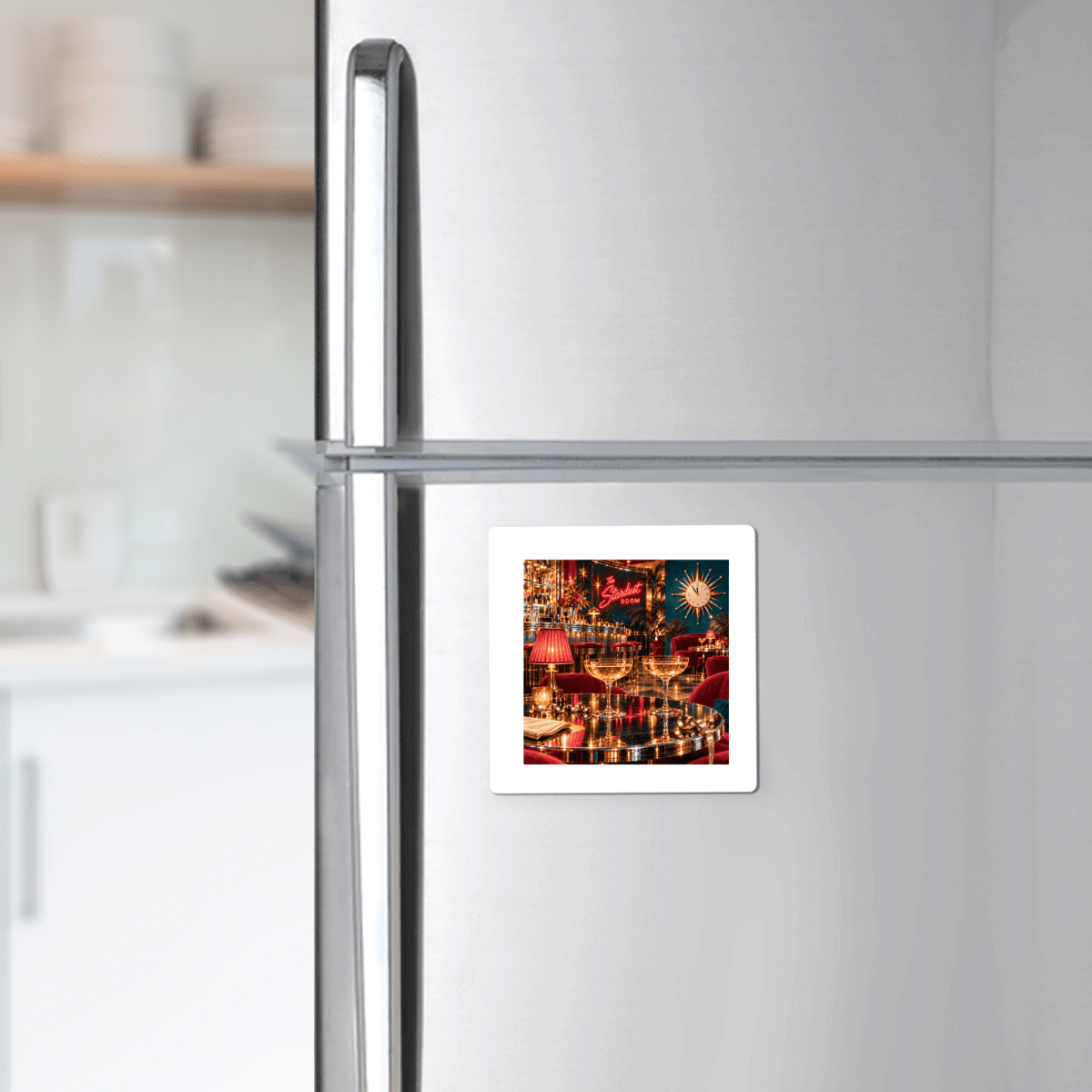 Five Minutes to Midnight Magnet | Chrome & Starlight on a stainless steel refrigerator showing a dimly lit cocktail lounge with two drinks on a table and a neon “Stardust Room” sign.