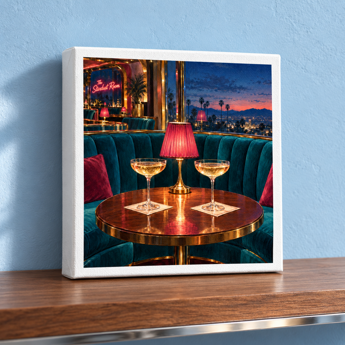 Cocktails at the Stardust Canvas | Chrome & Starlight square print featuring a mid-century lounge booth with two champagne glasses, a table lamp, and a sunset city skyline viewed through a window.