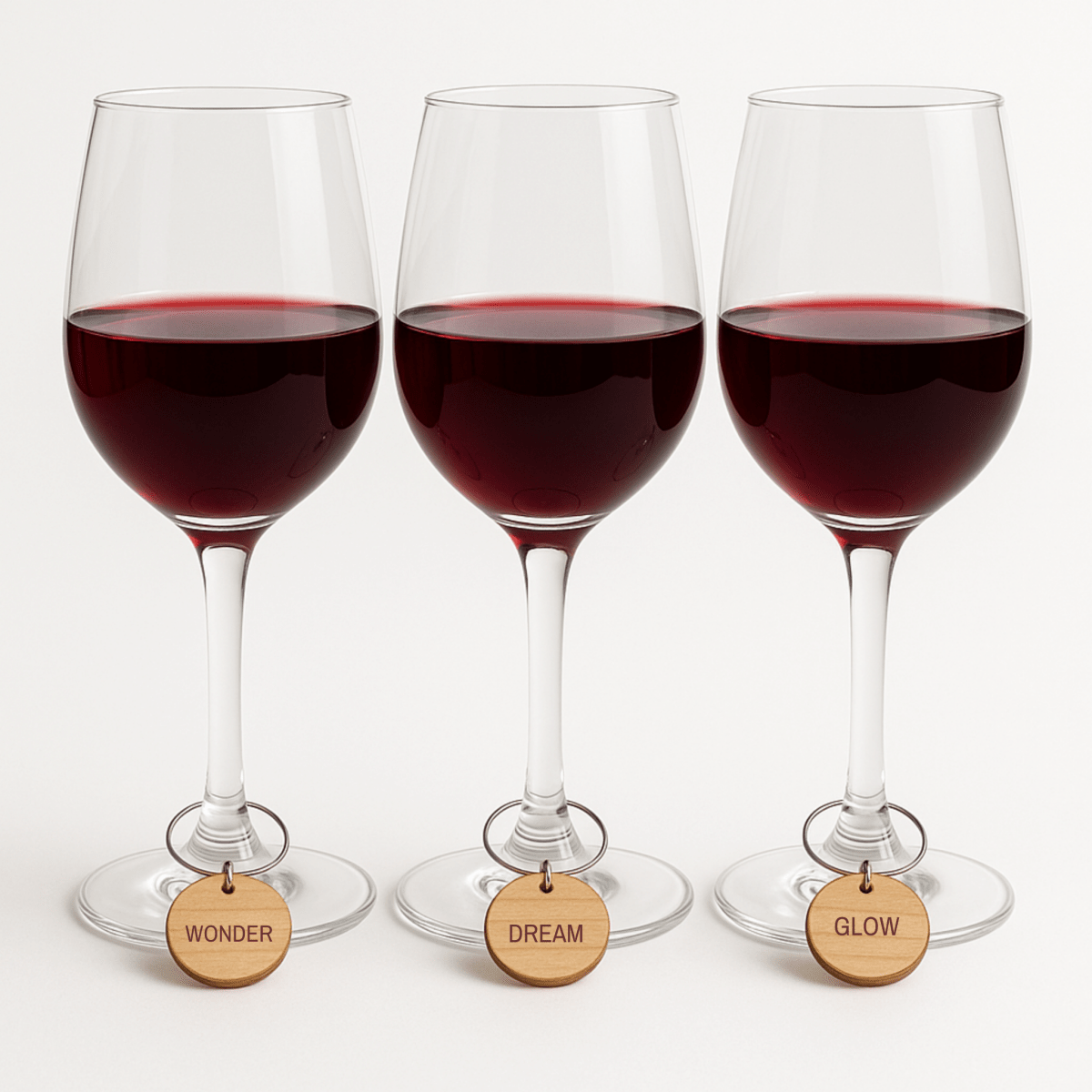 Three wine glasses filled with red wine are arranged side by side, each stem adorned with a Mirabilia Boutique Star & Solstice Engraved Wood Wine Charm labeled “WONDER,” “DREAM,” and “GLOW” from left to right. The celestial-inspired accents stand out against the plain white background.