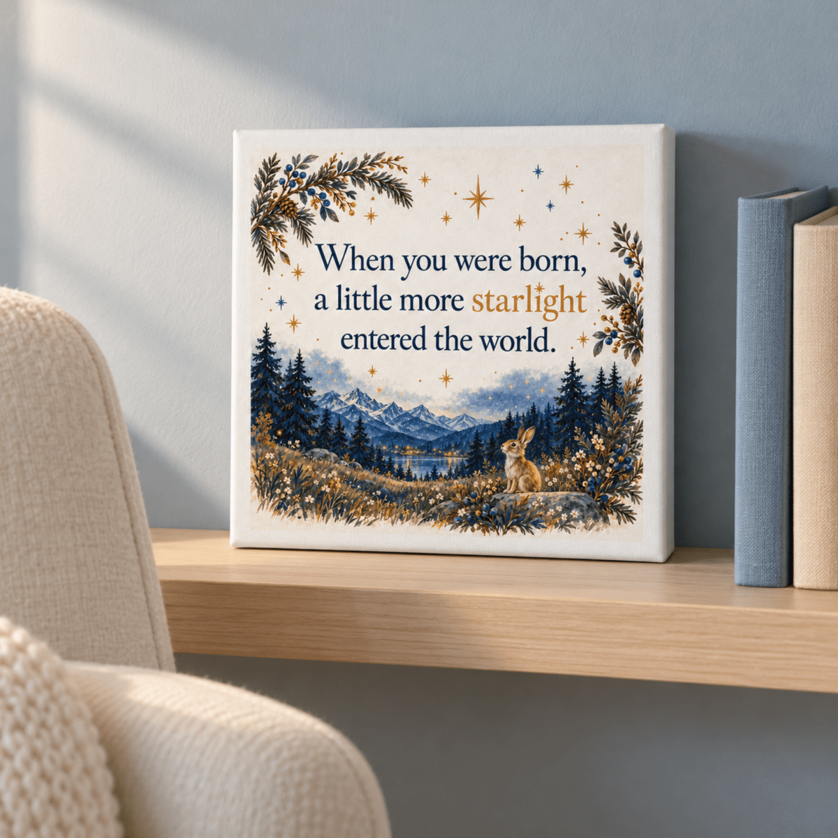 A Little More Starlight Canvas print of a rabbit in a mountain lake landscape at twilight, featuring the text, “When you were born, a little more starlight entered the world,” as whimsical nursery art.