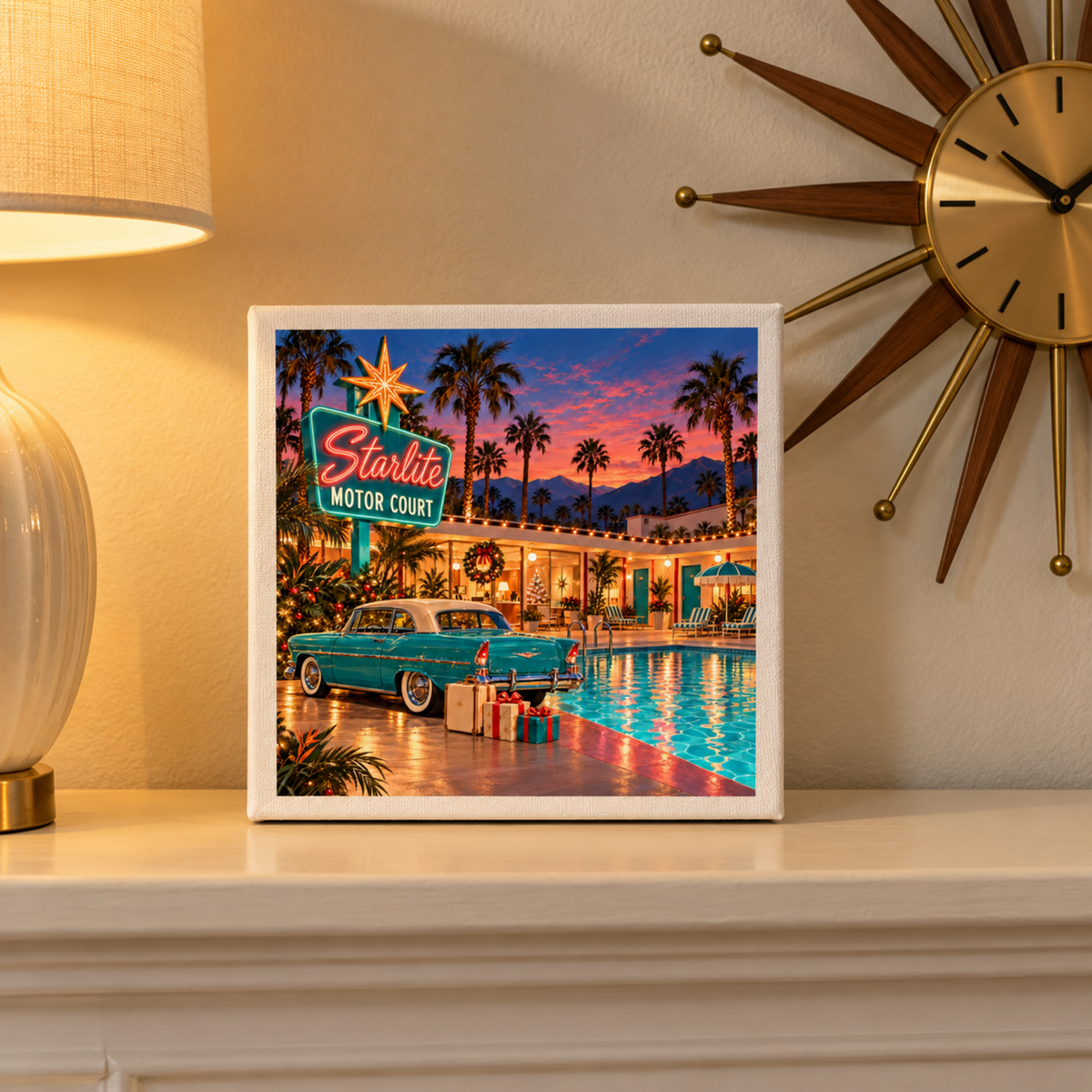 The Christmas at the Starlite Canvas | Chrome & Starlight by Mirabilia Boutique features a vibrant retro poolside motel scene with palm trees, a vintage car, and neon sign—perfect for your mantle display.