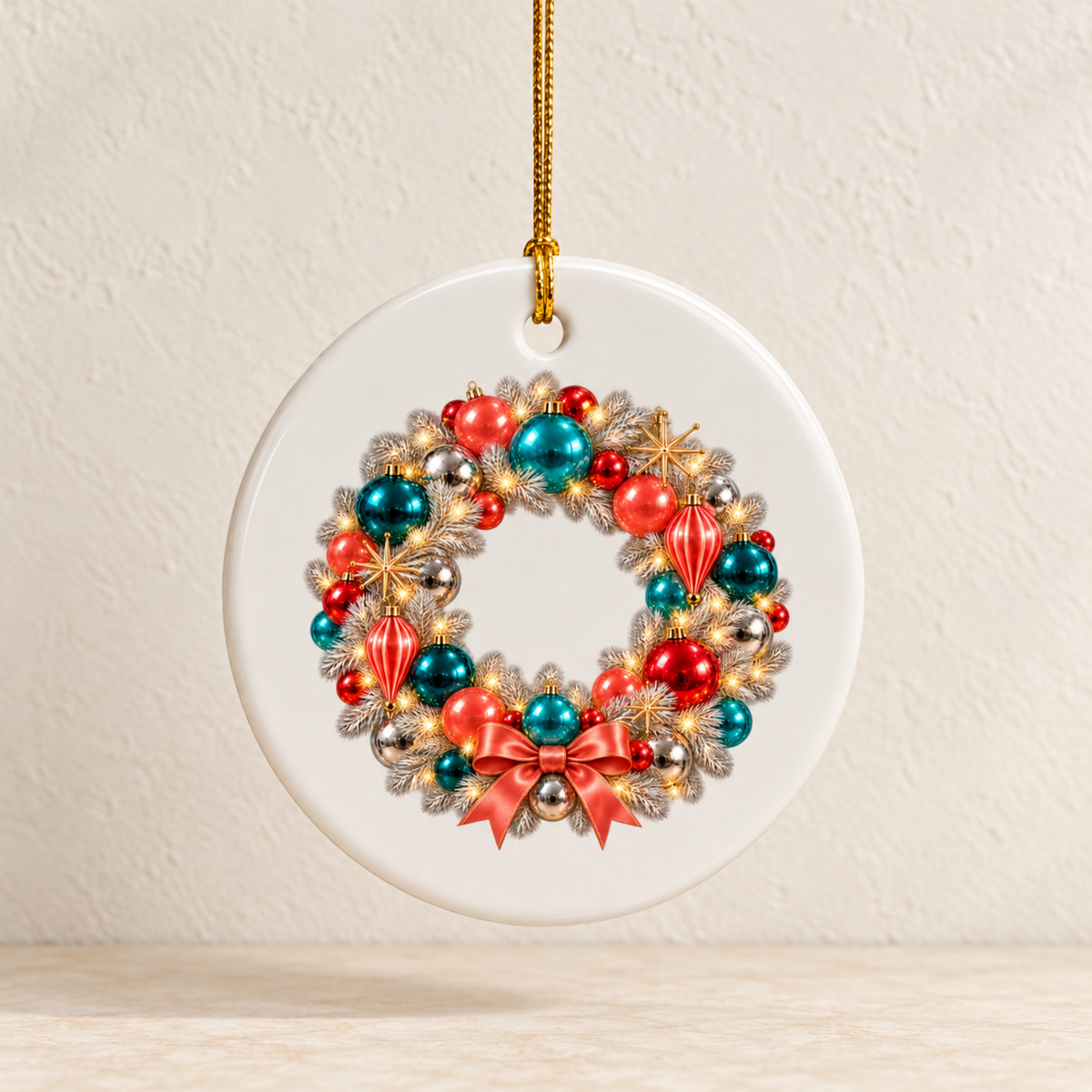 Starlite Christmas Wreath Ornament | Chrome & Starlight round white ceramic ornament featuring a festive wreath with red and teal baubles, star accents, and a red bow.