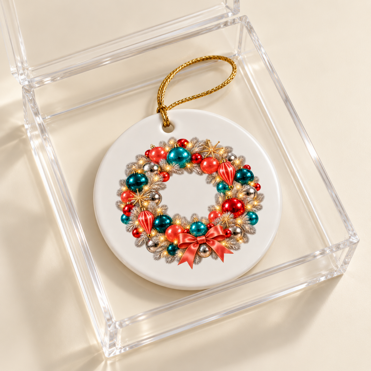 Starlite Christmas Wreath Ornament by Mirabilia Boutique, a round white ceramic ornament with a wreath of red and teal baubles, pine needles, and a red bow, presented in a clear acrylic box with a gold hanging cord.