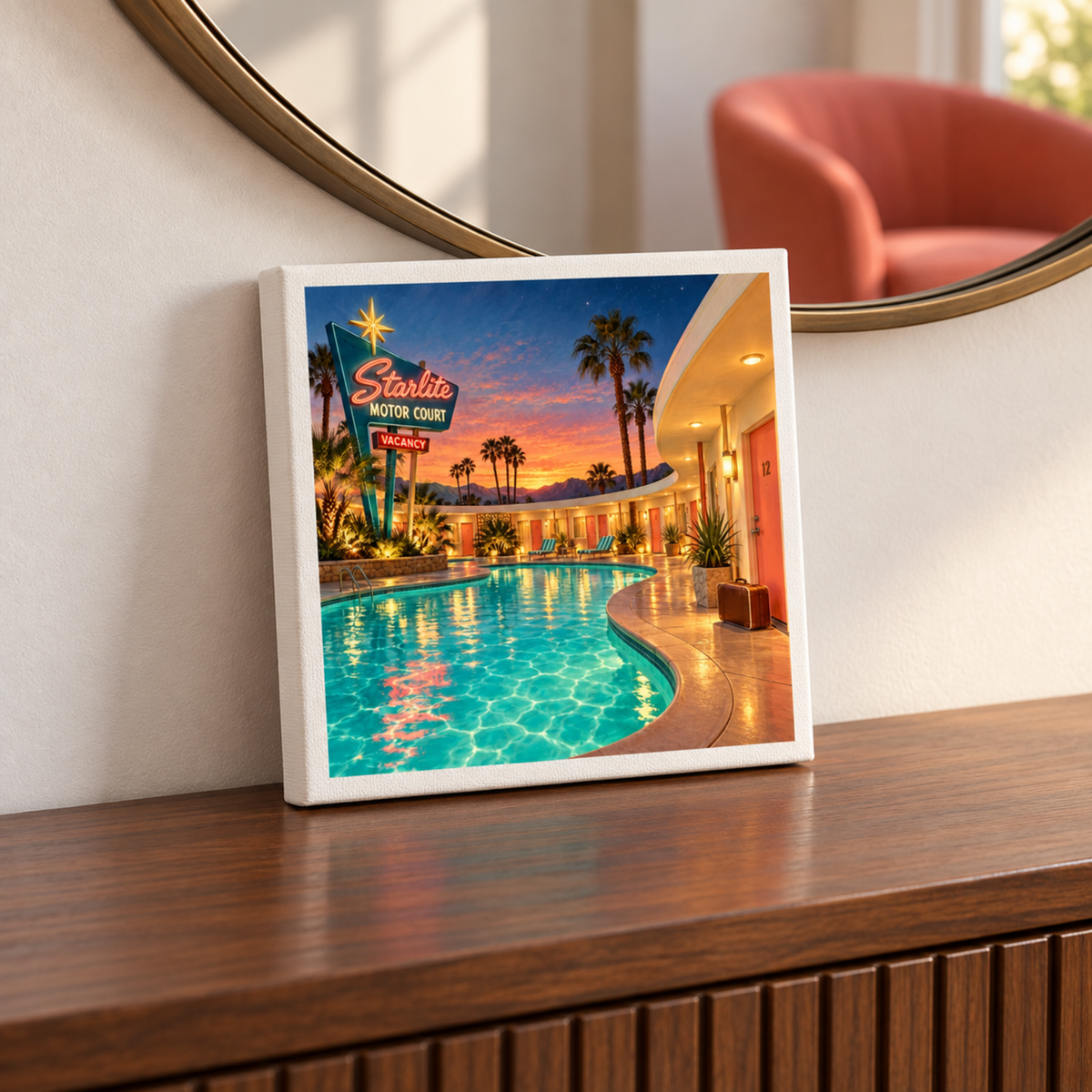The Arrival at the Starlite Canvas | Chrome & Starlight by Mirabilia Boutique sits on a wooden table beside a mirror and pink chair, adding retro charm to the cozy room.