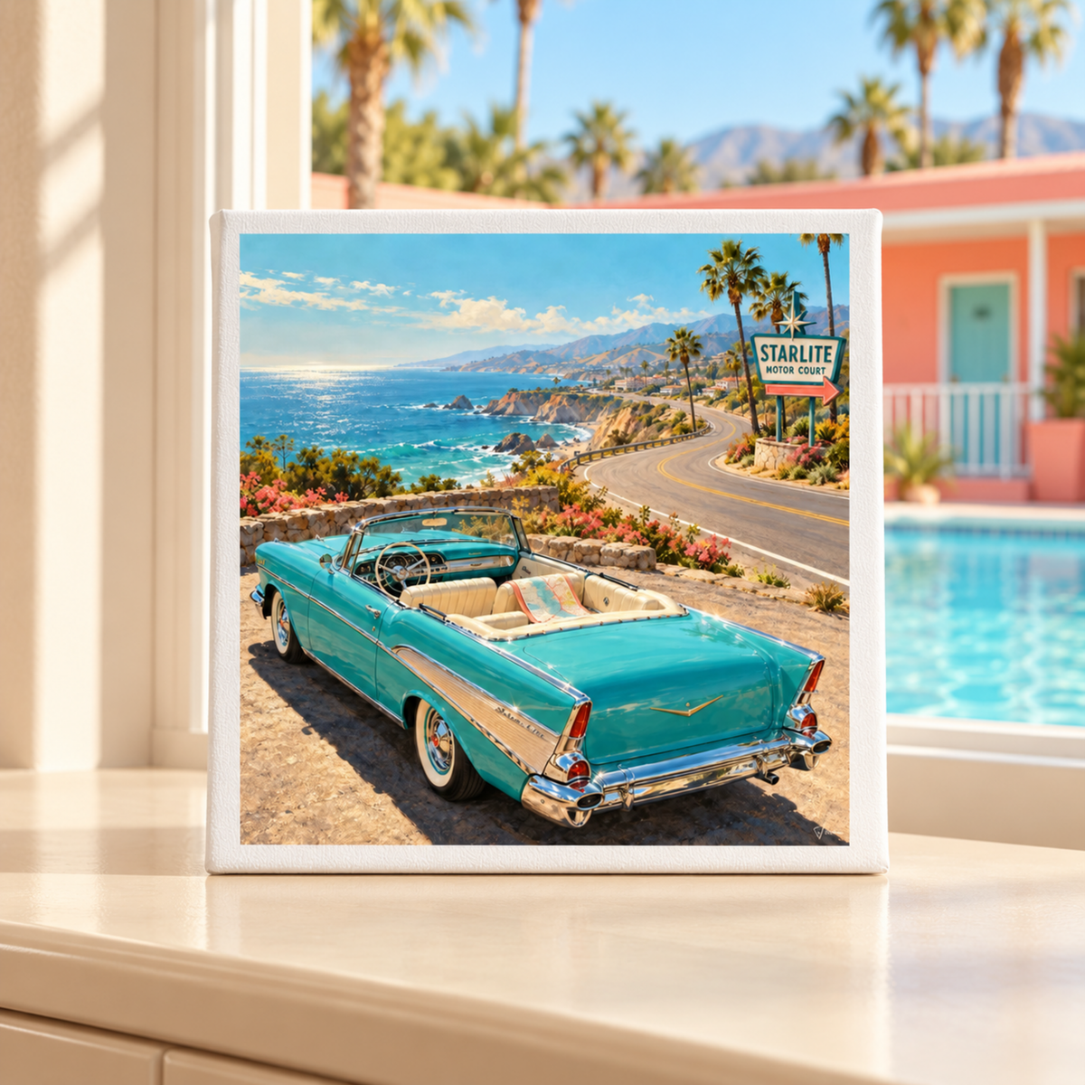 The Road Opens Canvas | Chrome & Starlight print of a turquoise vintage convertible parked by a coastal road with a Starlight Motor Court sign and the ocean in the background.