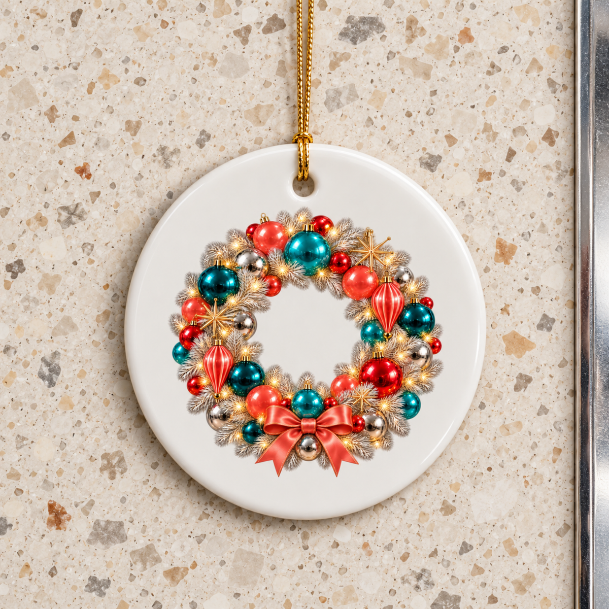 A round, white ceramic Starlite Christmas Wreath Ornament by Mirabilia Boutique hangs by a gold cord, featuring a festive design with red and teal baubles, gold star accents, and a red bow.