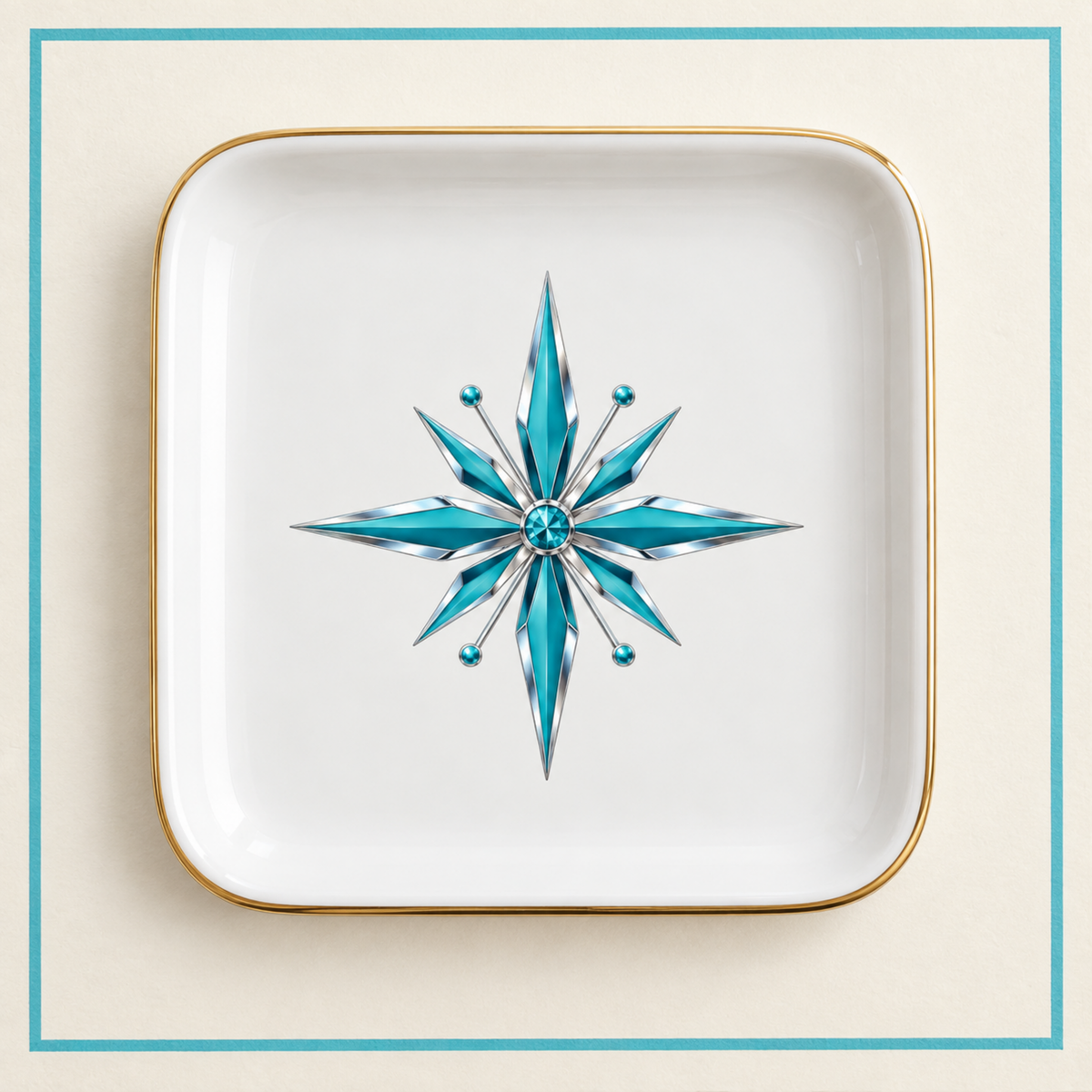 Starlite Starburst Ceramic Jewelry Tray in white with a gold rim and a metallic turquoise starburst design in the center.