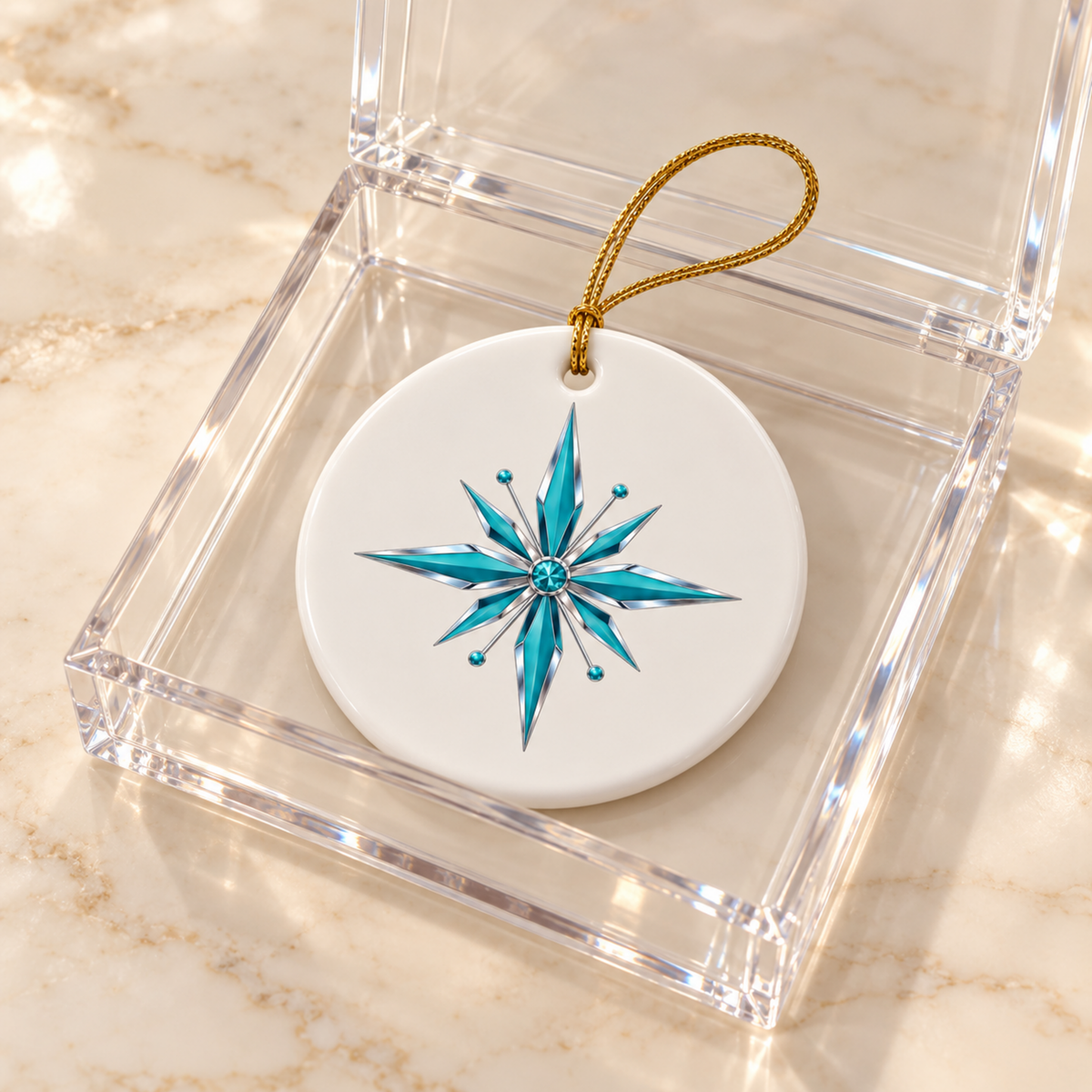 Starlite Starburst Ceramic Ornament in white with a metallic turquoise starburst design, packaged in a clear plastic gift box with a gold hanging cord.