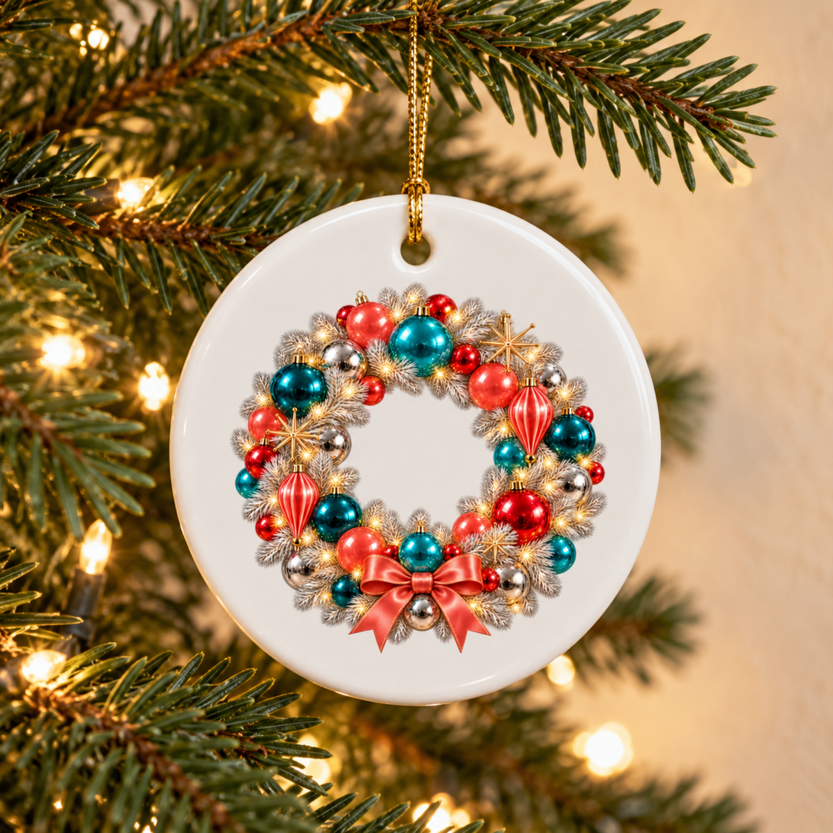 A round white Starlite Christmas Wreath Ornament | Chrome & Starlight hanging on a tree, featuring a printed illustration of a festive wreath decorated with red and teal ornaments and a red bow.