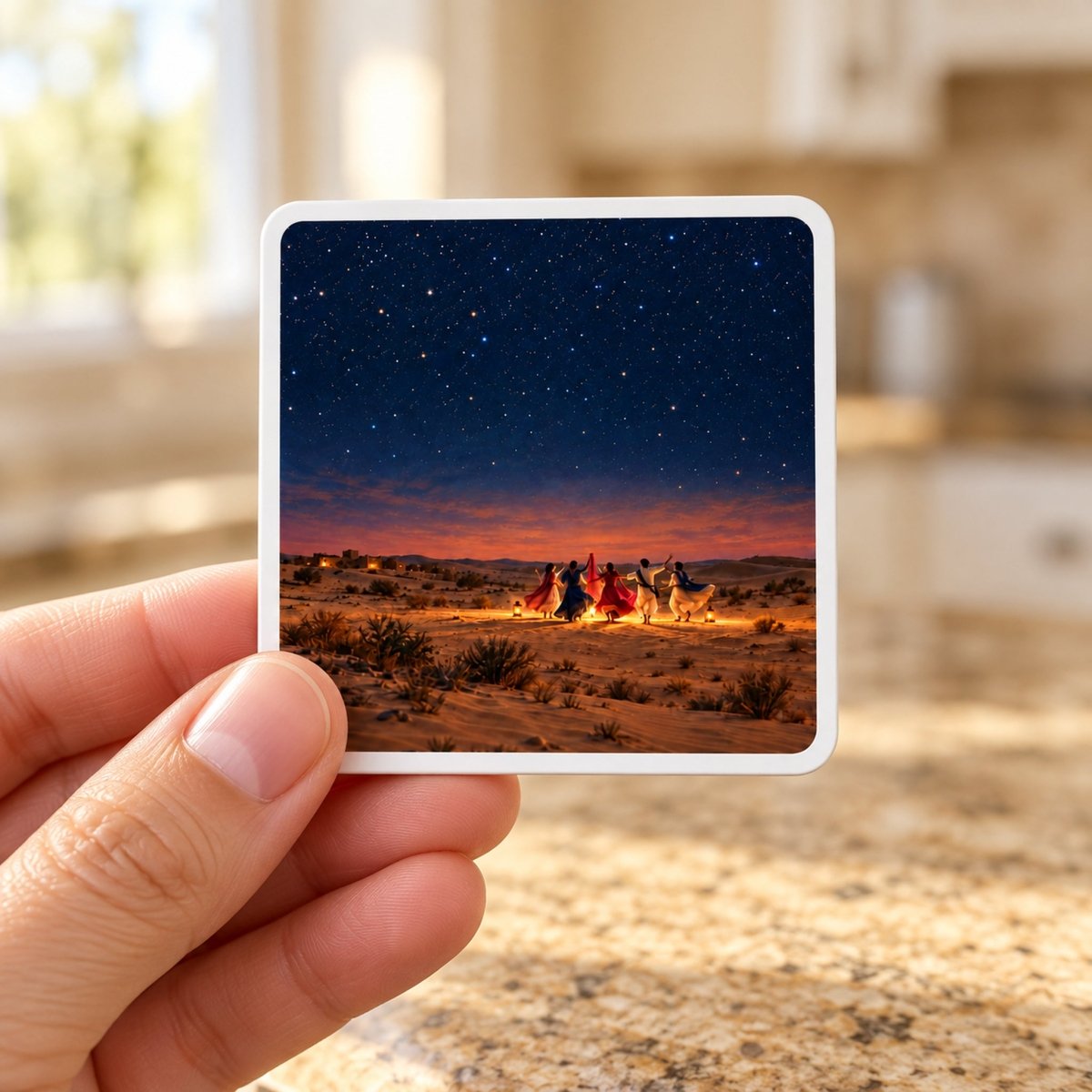 A hand holds The Night We Danced Magnet, a square hardboard piece featuring a digital illustration of people in colorful flowing clothes dancing in a desert at sunset under a starry sky, reminiscent of Rajasthan artwork.