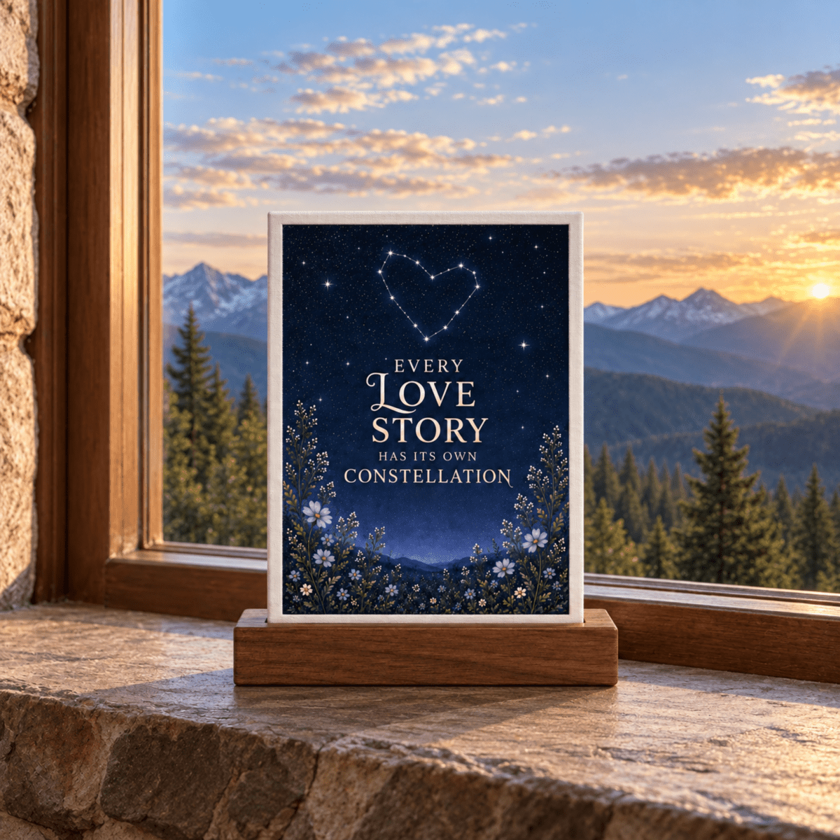 The Every Love Story Constellation Mini Sign is a rectangular wooden sign featuring a heart-shaped star formation and the text “Every love story has its own constellation,” displayed against a mountain range backdrop at sunset.
